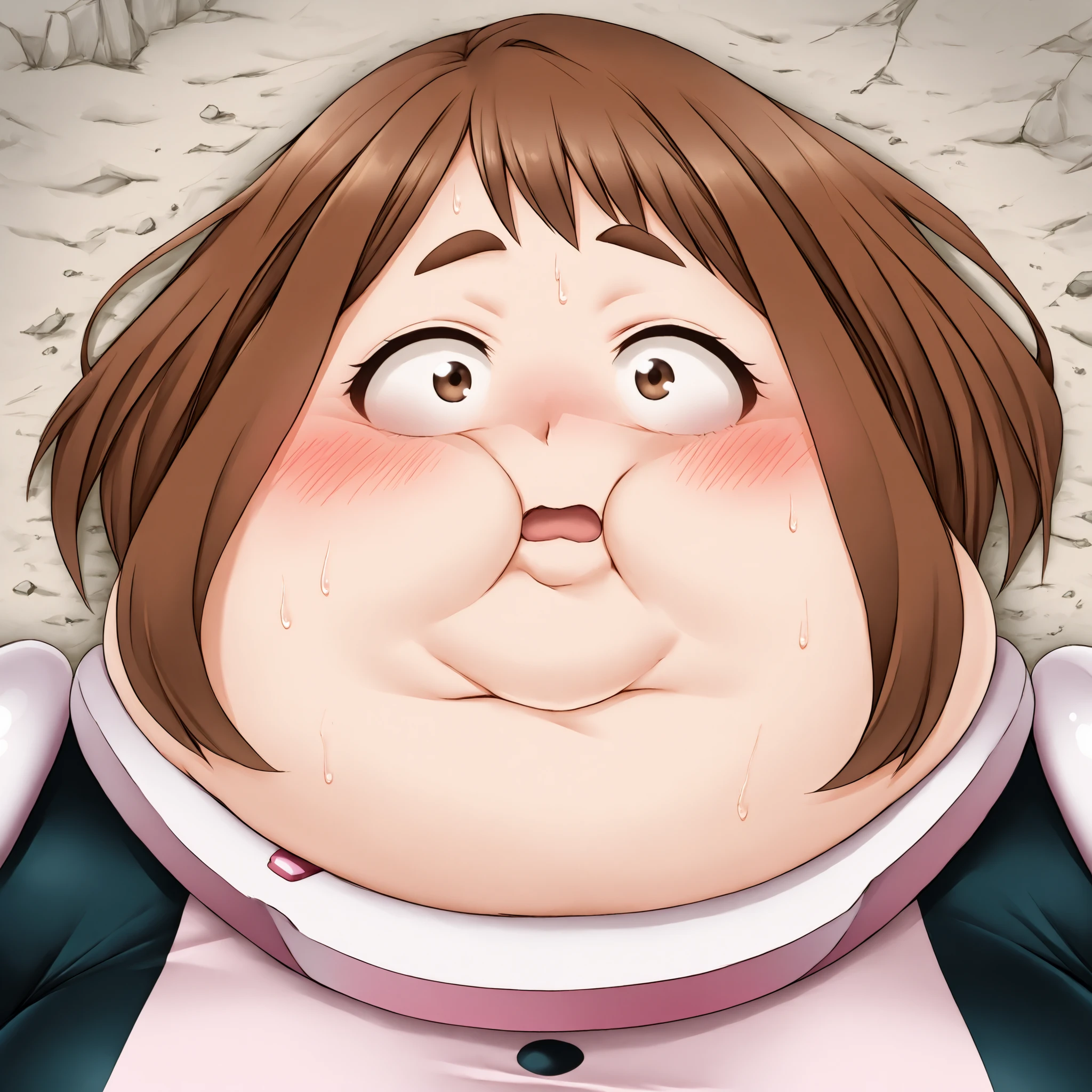  uraraka ochako, solo, 1girl, uravity outfit, belt, determined bulging belly, fat, chubby, obese, open mouth, out of breath, absurdres,confused, blush, {flustered}, nervous sweating, portrait, pov belly, averting eyes, [looking away], straight-on, from side, swollen face, masterpiece, best quality, ultra-detailed, high resolution, 8K, laying down on ground, top view
