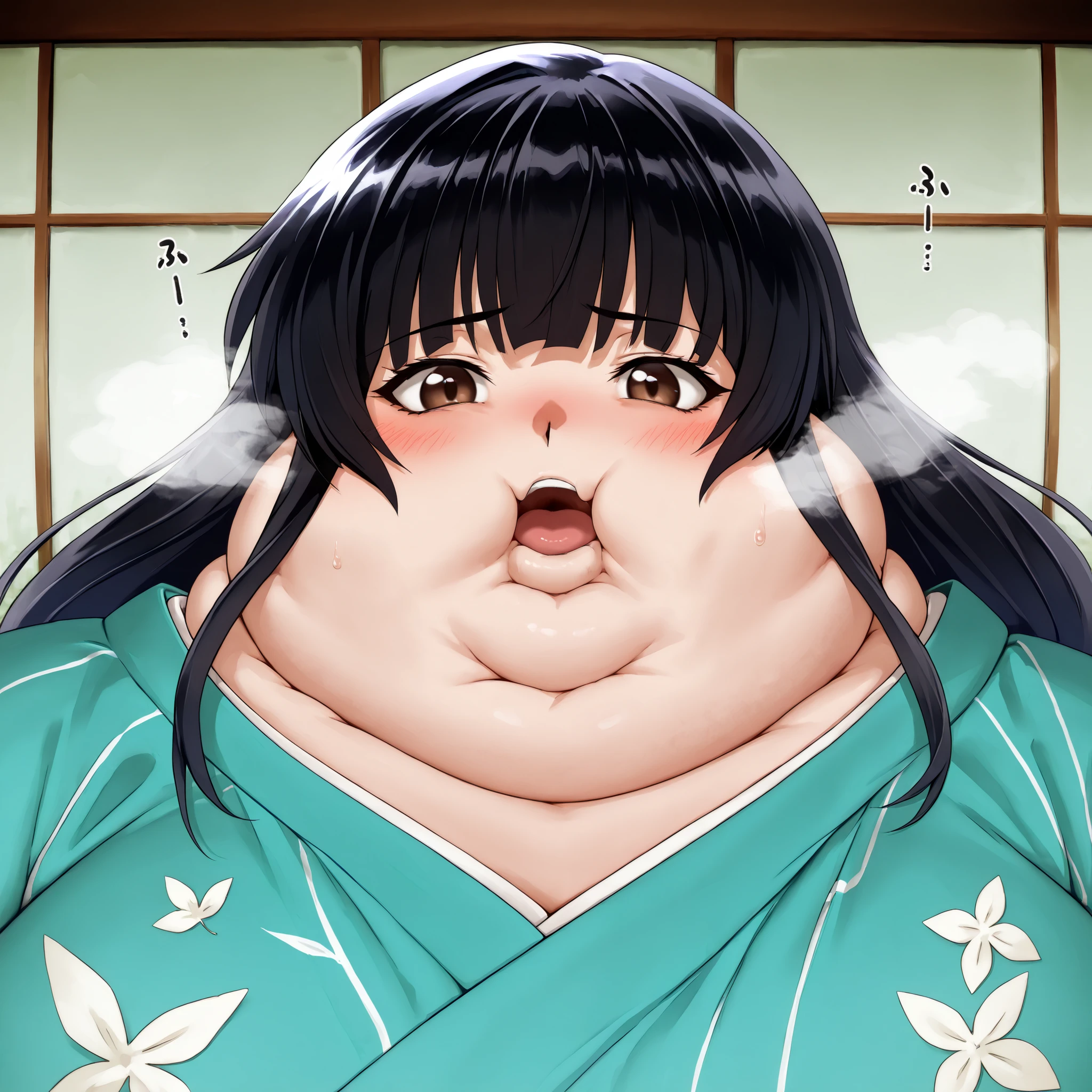 score_9, score_8_up, score_7_up, score_6_up, score_5_up, score_4_up, BREAK, source_anime, 1girl, kagomehigurashi, bangs, black hair, long hair, brown eyes, wearing a kimono
,masterpiece,best quality,amazing quality,bulging belly, fat, chubby, obese, open mouth, out of breath, absurdres, portrait, pov belly, swollen face, masterpiece, best quality, ultra-detailed, high resolution, 8K, 