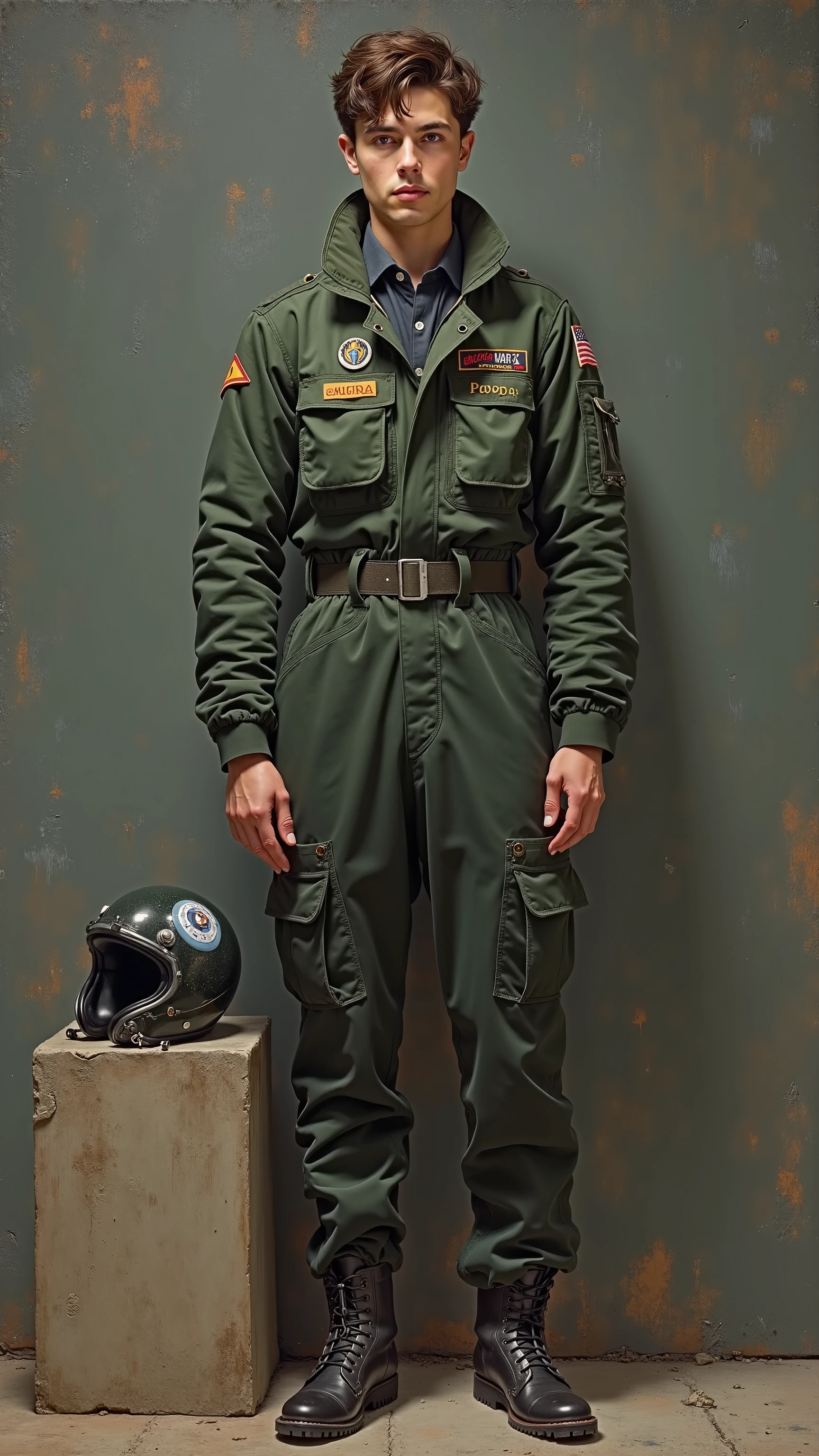 ((8k ((best quality)), ((masterpiece)), (very detailed), real face bald male muscular male full body wear soldiers suit  stand by wall  smiling