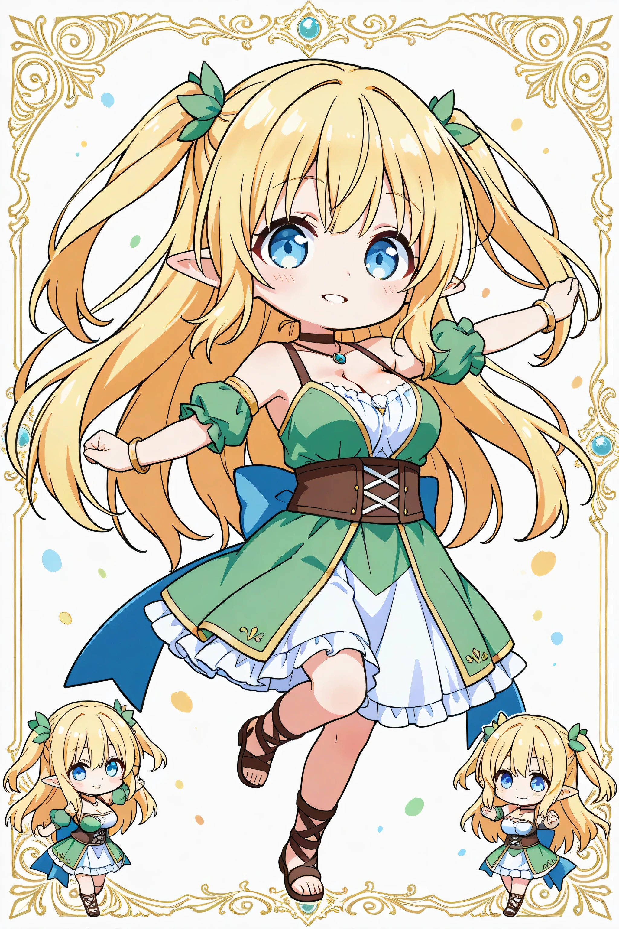score_9,score_8_up,score_7_up,score_6_up, aria beheneko, elf, blonde hair, long hair, blue eyes, , 1girl, breasts, pointy ears, solo, elf, cleavage, large breasts, parted lips, smile,, necklace, jewelry, choker, full body, chibi, bare shoulders, collarbone, dancing, cute