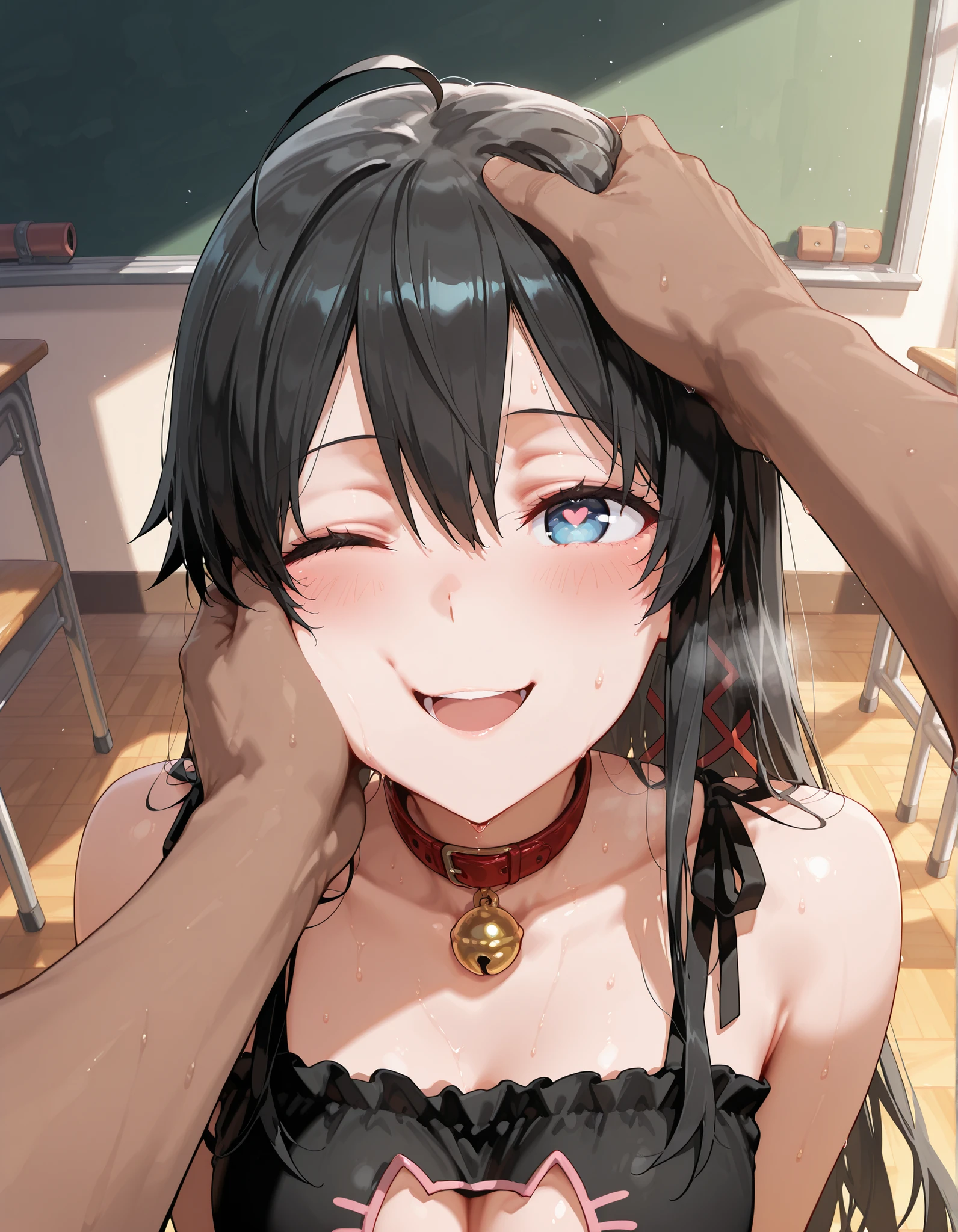 score_9, score_8_up, score_7_up, score_6_up, score_5_up, score_4_up, Highest Quality, masterpiece,
solo, 1girl,
yukino yukinoshita, black hair, blue eyes, long hair,
cat lingerie, bra, panties, neck bell, black clothes,
smile, blush, happy,
animal collar, red collar,
heart shaped pupils,
sweat,
classroom,
<lora:pov-cheek-and-head-pat-illustriousxl-lora-nochekaiser:1>, pov cheek and head pat, pov cheek and head pat (meme), looking at viewer, blush, smile, open mouth, upper body, one eye closed, solo focus, pov, hand on another's head, pov hands, headpat, hand on another's face, hand on another's cheek, petting,
soft cheek, soft face,
dark skin male, male out of frame, faceless male,