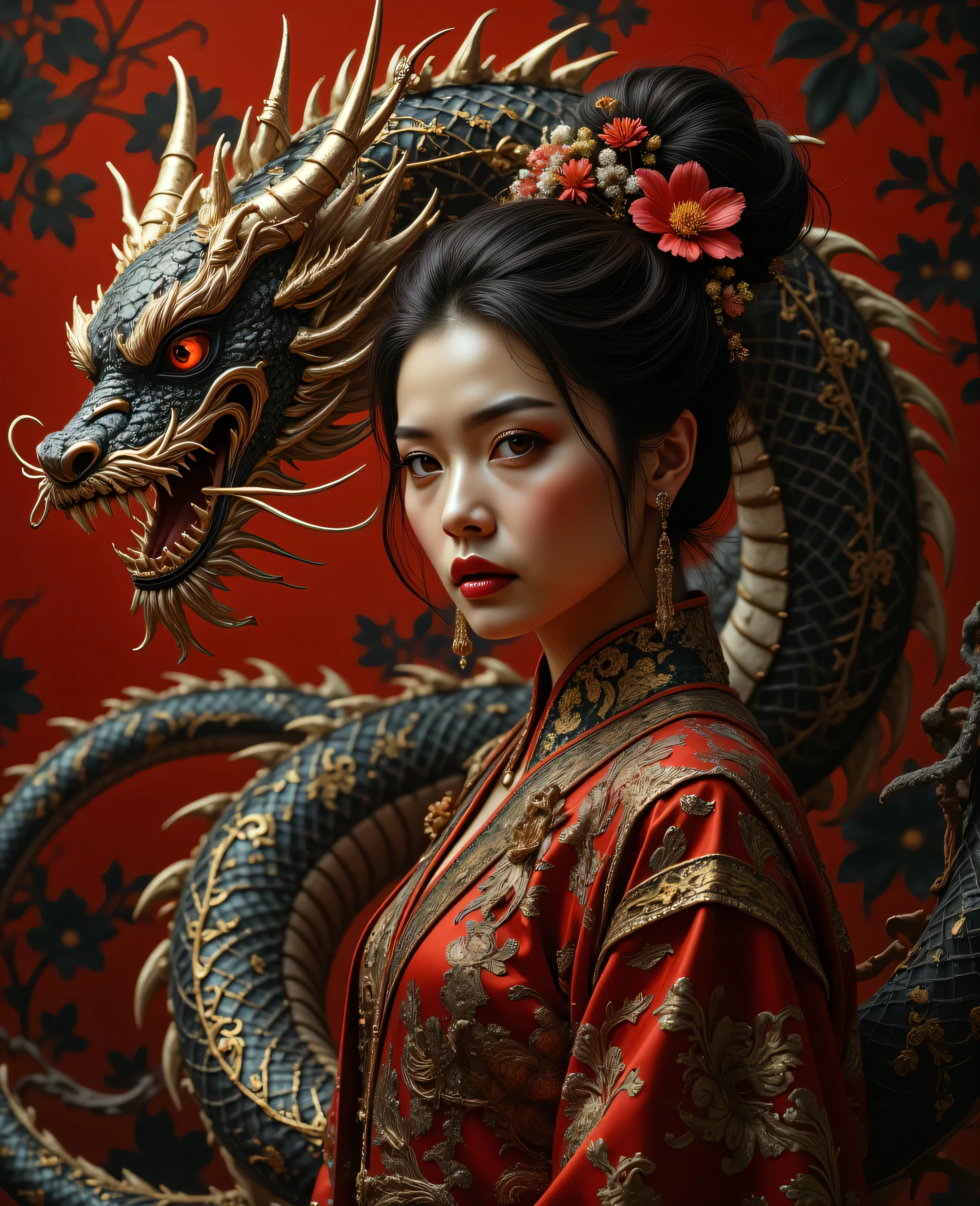 Magic style, nightmare, A striking and intense portrait of a regal woman entwined by an elaborate dragon. She stands with an air of authority, dressed in traditional East Asian attire with rich, intricate patterns in shades of deep red and black, adorned with golden floral accents. Her black hair is elegantly styled in an elaborate updo, decorated with delicate red and gold hairpins that add a touch of royalty and mystique. The dragon coils protectively around her, its scales a complex texture of black and ivory with gold highlights, and fierce, red eyes that gleam with intelligence and ferocity. Its head hovers close to hers, displaying sharp, menacing teeth and a determined gaze. The background is a bold red with a black floral pattern, amplifying the dramatic, mythical atmosphere of the scene. The lighting casts a warm glow, accentuating the textures and fine details of both the womanâs attire and the dragonâs scales, creating an atmosphere of ancient power and mysticism.
