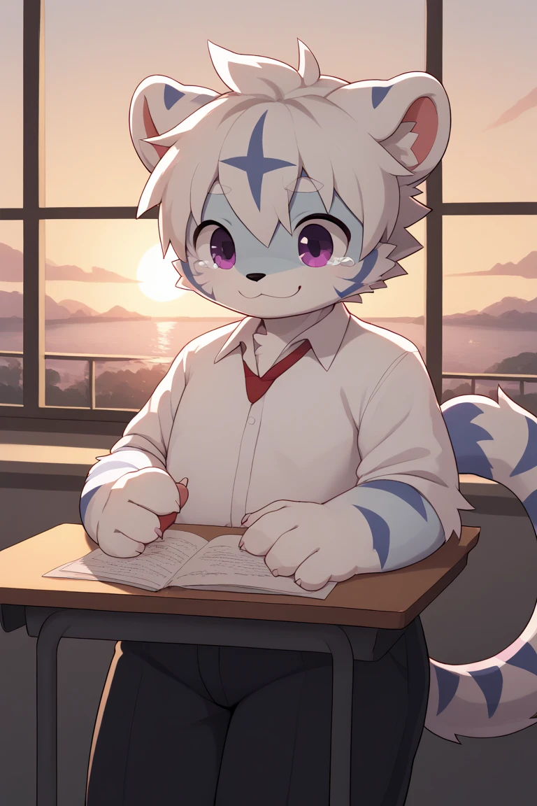 masterpiece, high quality, Absurd, number \(artwork\), From dagasi, Yes,Seizan,(Fluffy fur:1.1),(bright:0.8),Anthropomorphic male cat. (blue eyes,Purple fur, Body hair, Cat nose:1.2), bright eyes,panoramic,character focus.Detailed background,(White school uniform, Sweating,Sitting,Do homework :1.2),(indoor, classroom:1.2)