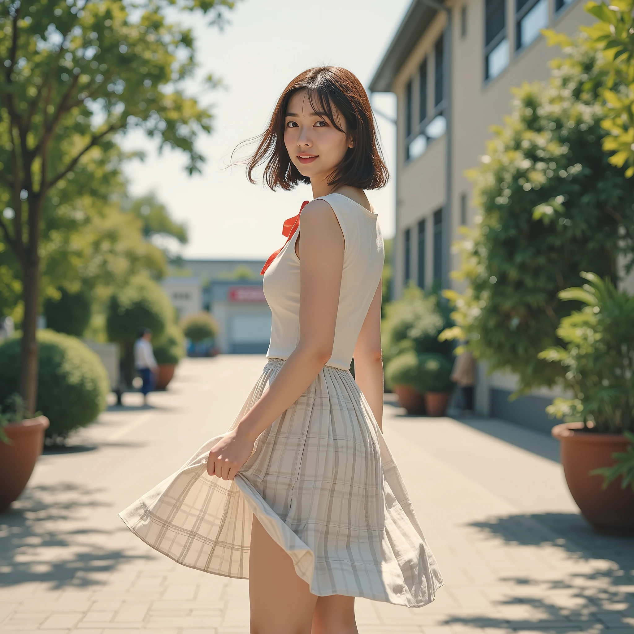 (masterpiece:1.2 ), (realistic, photorealistic:1.4), Beautiful Illustrations, ( natural side lighting , Cinema Light ), viewer , Japanese, Women's University, , close, Pretty Symmetrical Face , shiny skin , and the style is plump from the back、((' Windy Skirt)))、 ( gold,medium bob ), asymmetric bang, brown eyes , long lashes, ( big breasts at night ), beautiful hair, beautiful face, beautiful details, beautiful collarbone, beautiful body, Beautiful Breasts, beautiful thighs, Beautiful legs , Beautiful Fingered Cow, (( Refined texture of clothing 、 white sleeveless shirt , White plaid pleated skirt 、skirt length is micro mini,black socks、 Red ribbon,The shirt fabric is thin、 brown loafers ), red ribbon tie ), (((、 Windrift )))、 slouching forward、 looking back , , (school gate), (huge、、 is embarrassing),, is embarrassing表情、( trees swaying in the wind々々、Strong winds、windproof tree々、Skirt Fluttering in the Wind),hold the front of your skirt with your hand,The back of her skirt is shaking、cover、 Amazing、 My eyes are moist