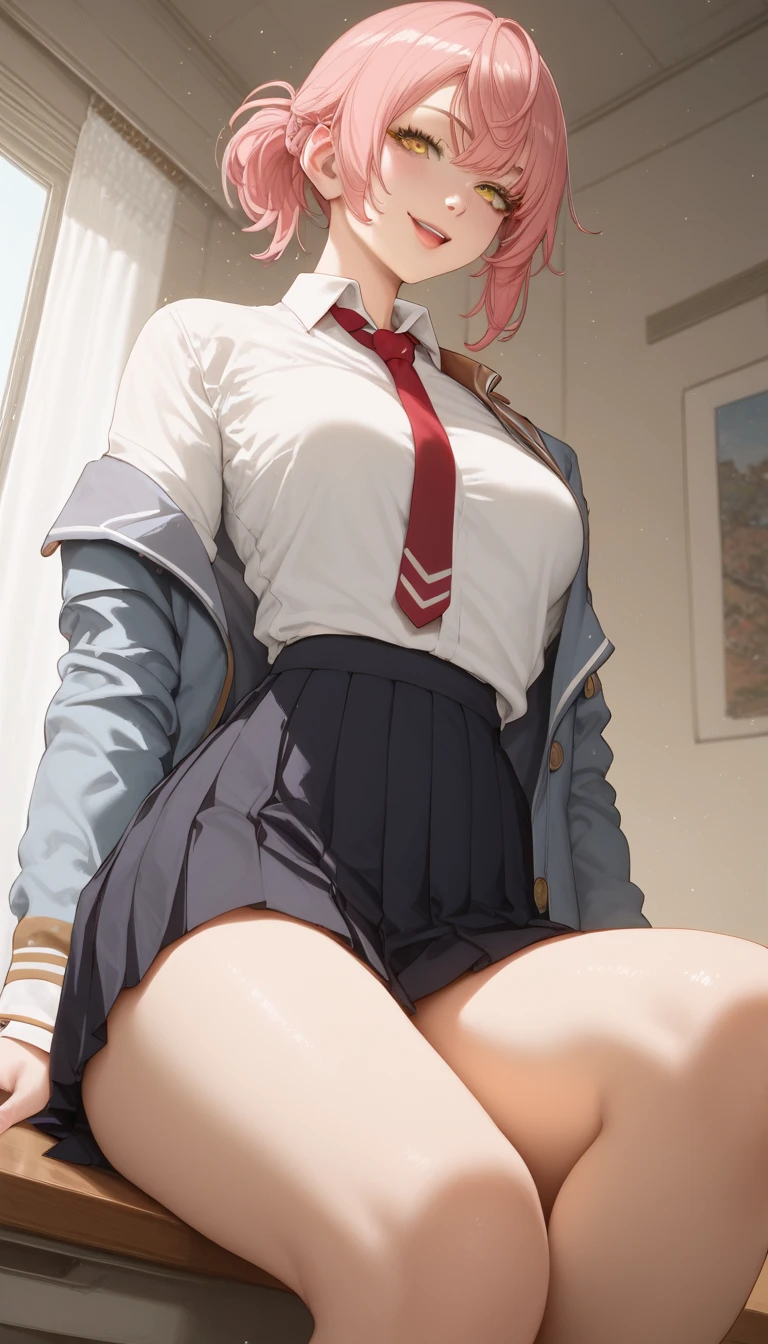 June Crawford, ponytail, Green Eyes, Big Breasts,Pink Hair, (((Wet white shirt))), Blue Skirt,Red ribbon, Knee Boots, (((Exposed yellow panties))), Laughter, Embarrassing, adult, School, Looking up from below, ((Pull up your skirt)), ((See-through panties)),