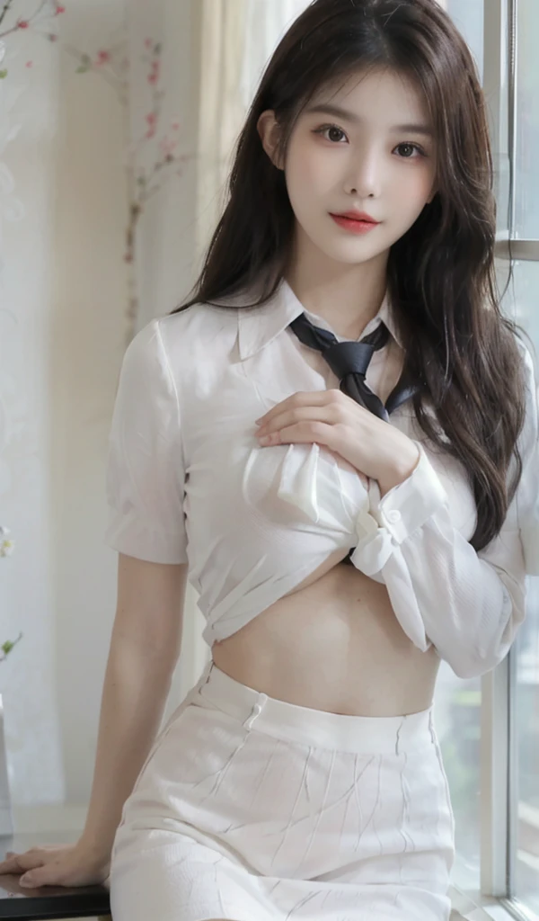 (8K, RAW Photos, Highest quality, masterpiece, Realistic, Realistic), (1 female), (Ultimate beauty), 22 years old, 非常にDetailed face, Uniform detail,  eyelash, Fascinating face, Lip details, Big Breasts, nakedの彼女， Cowboy Shot,naked,M-shaped legs、Spread your legs、On the bed、Show me your crotch、Detailed genitals、Uniform skirt、I can see your chest、Detailed chest、Realistic Face、Detailed face、Lolita、Baby Face、上naked