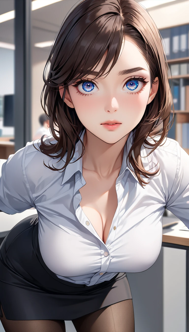 (((masterpiece))),(((High resolution)))、(((8K quality)))、(((perfect face)))、(((Beautiful woman in office))), look at the camera, ((top quality eyes)), detailed face, (detailed texture), look at the camera, big tits