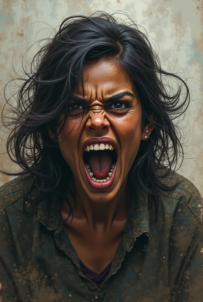 Portrait of a young Asian woman's face,The side opened its mouth extremely wide and shouted loudly in anger.,watercolor