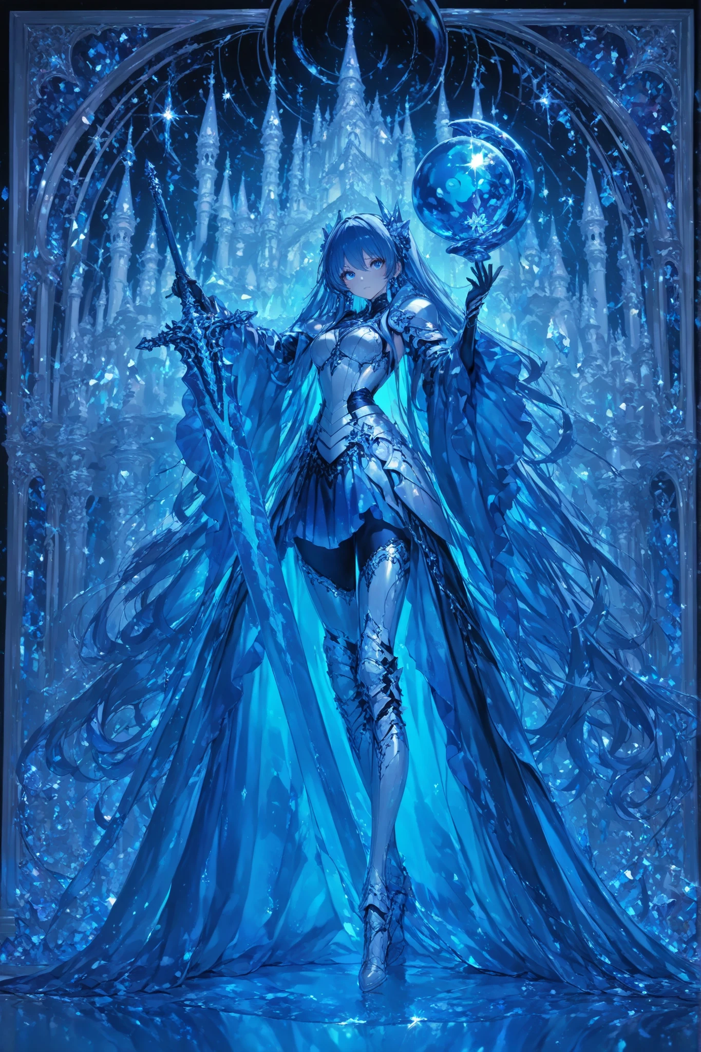 Highest Quality, Ultimate Details, RAW pictures, Feminized slime warrior, crystal-like transparency, heavy armor, Flowing blue hair, Rin々Beautiful eyes, With a sword in each hand, Sparkling Light, In front of the old castle, fantastic atmosphere, under the moonlight, side views