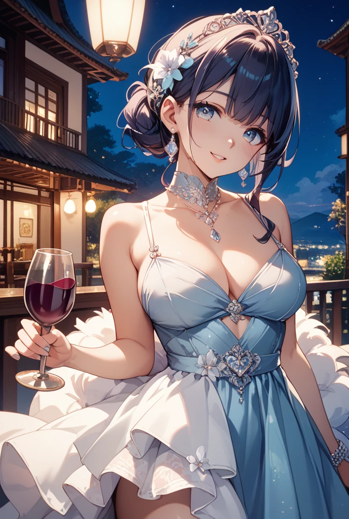 A woman in her early 30s is attending a social event in an elegant evening gown. Her hair is styled in soft waves, and she wears delicate jewelry, including a pair of pearl earrings. She has a warm and inviting smile as she holds a glass of wine, engaging in conversation with a group of friends. Her posture is relaxed yet graceful.