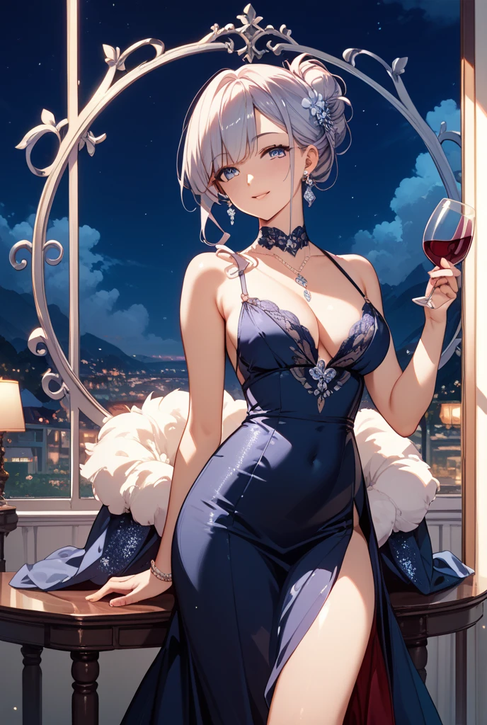 ((((masterpiece, best quality, high resolution)))), 1girl, white hair, purple eyes, short wavy hair, average breasts, blush, light smile, parted lips, glow, thighs, bare shoulders, collarbone, narrow waist, cleavage, (beautiful detailed face, beautiful detailed eyes), (revealing clothes:1.0), (breasts curtain, sideboobs, plunging neckline, backless satin mini dress, high slit cut, revealing, silver necklace, hair ornament, earrings), night sky, night light, fancy jazz bar, glittery dress, holding champagne glass