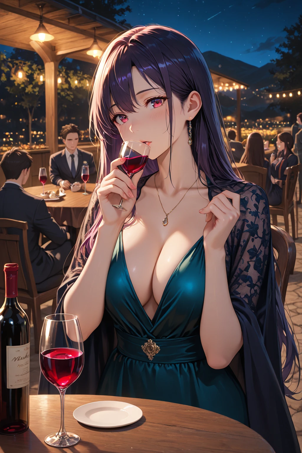 Adult Female, Mature, shy, blushing, short messy dark red hair, shoulder length hair, beautiful make up, dress, sitting in front, dinner table, fancy resturant, table with wine, night time, window seat view, highly detailed, best detail, excellent detail, perfect anatomy, perfect hands, perfect fingers