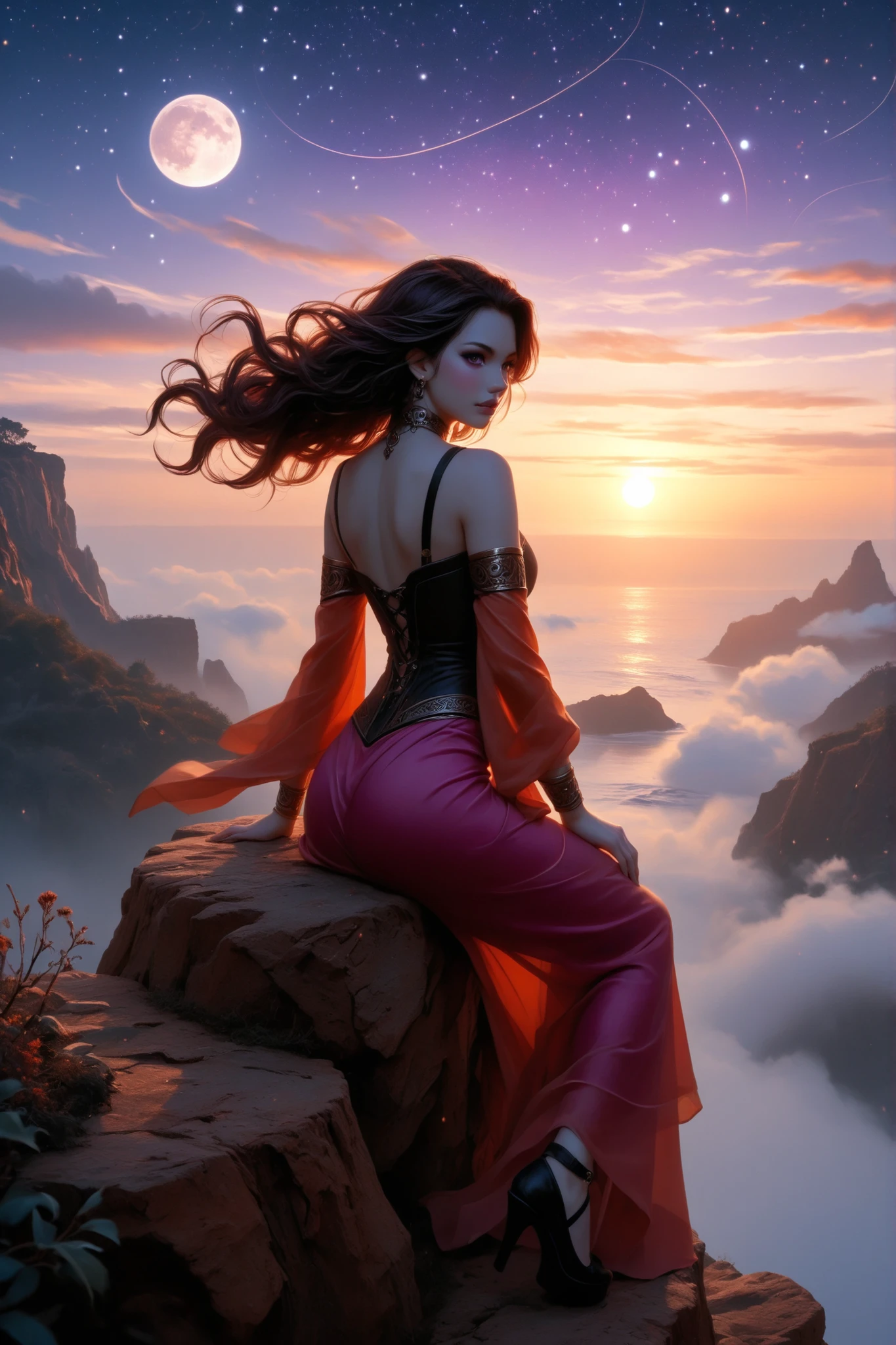 a Painting of a beautiful woman sitting on a cliff overlooking a body of water, she has dark hair and pale skin, on the horizon the sun is setting casting orange, pink and purple hues across a partly cloudy sky, above her an already starry sky and full moon creating a brilliant contrast and showcasing an almost fairy tale scene. It captures both her beauty and also the beauty of nature around her
