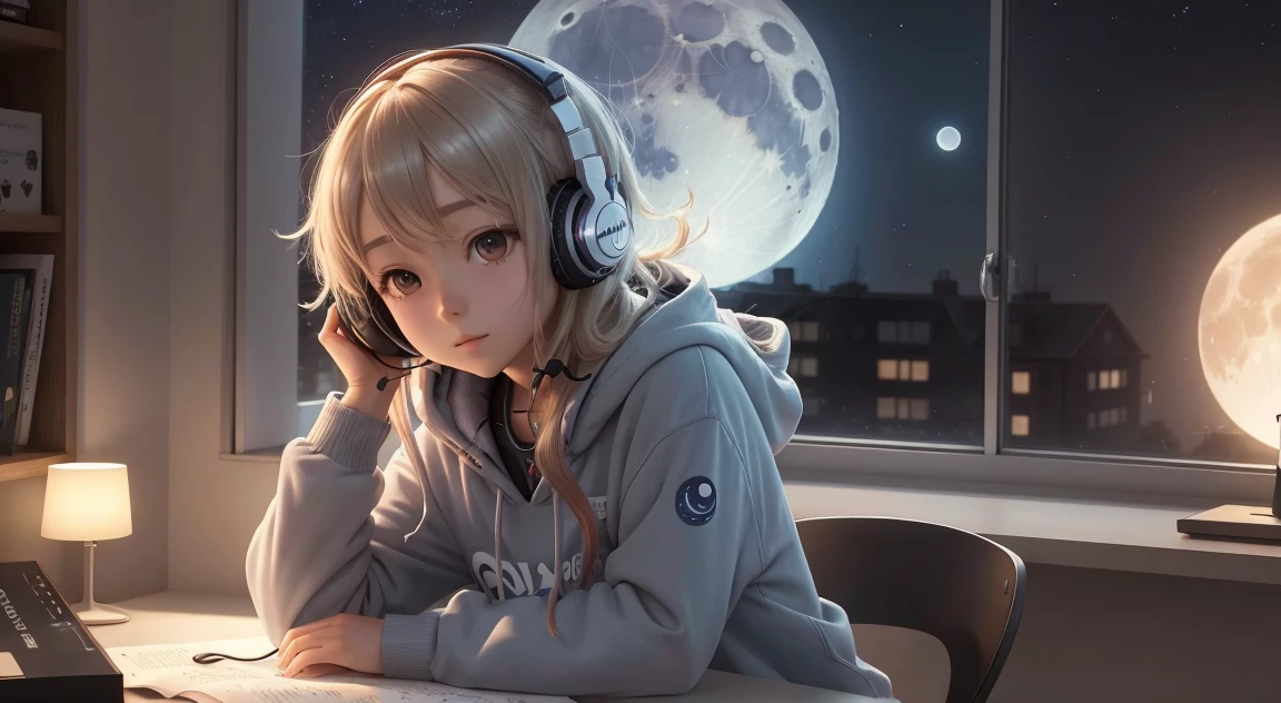 1 girl, siting on edge on the roof of a multi-story building, earphones, starry sky, moon, casual outfit, jeanse, white t-shirt, masterpiece, best quality, full body, extremely detailed CG unity 8k wallpaper, night city in the background

