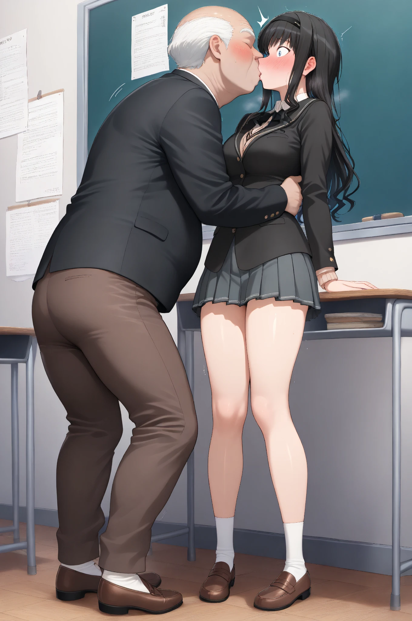 1girl, 1boy, sex from behind, lying on desk, on side, legs together, groping, grabbing from behind, medium breasts, black hair, parted bangs, two side up, long hair, red sweater, black pleated skirt, hair ribbon, no panties, no shoes, blush, blue eyes, classroom, people, school desk, cum in virgin, tohsaka rin, black thighhighs,