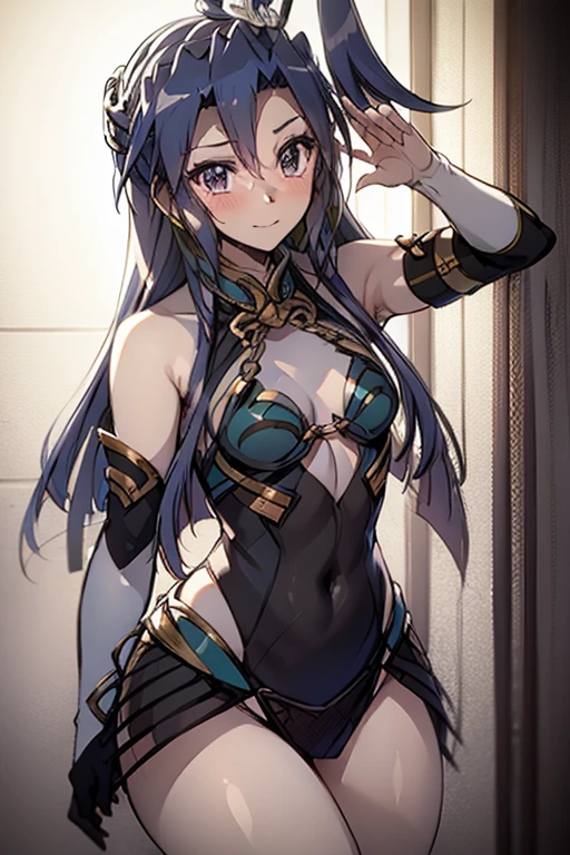 masterpiece, absurdres, best quality, illustration, extremely delicate and beautiful.
1girl, yellow sweater vest, cleavage, black sports bra, dark skin, blue eyes, purple hair, very long hair, demon horns, narrow waist, dynamic pose, cleavage cutout, (smug:1.3), thighs, thigh strap, midriff,