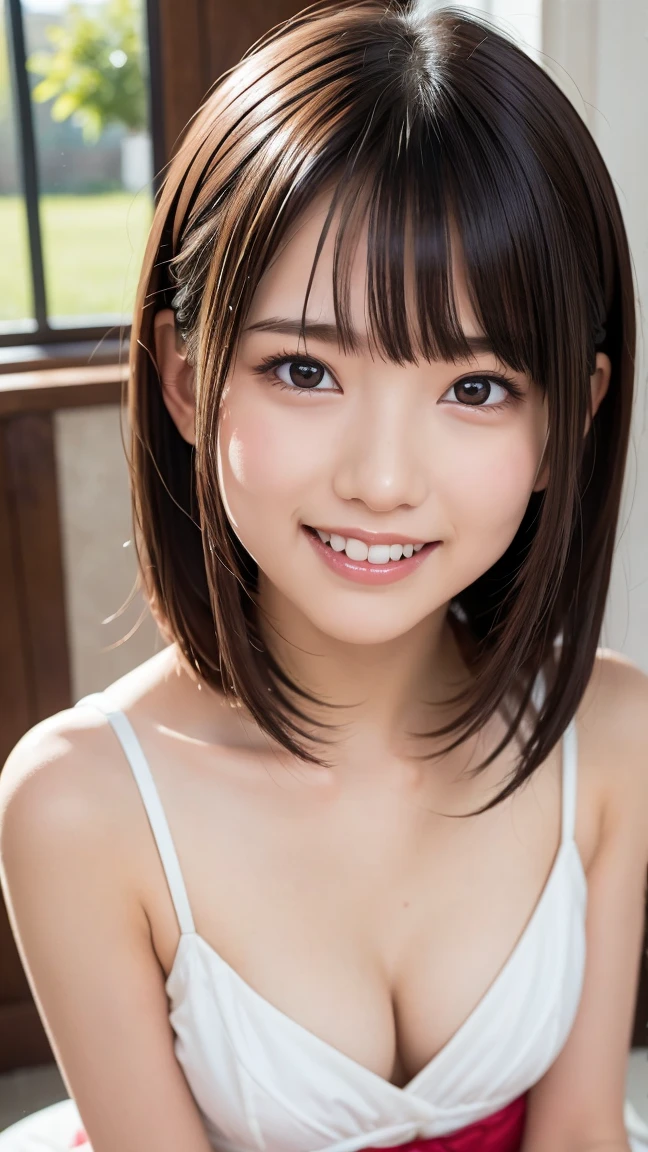 (the abdomen is visible to the viewer), 14years japanese girl、cute smile at the viewer, (arms at sides:1.2), standing straight, Short-cut hairstyles 、、summer School Building、Skinny Legs、Extraordinary beauty、Cute face、The best smile、Cute smile、frontage、slender、Schools、 (Raw foto:1.2), (Photorealsitic:1.4), a beautiful detailed girl, extremely detailed eye and face, beatiful detailed eyes, huge filesize, hight resolution, ighly detailed, top-quality, masterpiece, ((Japanese girls' high school uniform:0.0)), ighly detailed, nffsw, 8k wallpaper, magnifica, finely detail, top-quality, (Highly detailed ticker short sleeves uniform:0.0)、 Light on the Face、light、tank top , crop top, cute pink bra, (photo from the waist up:1.2),