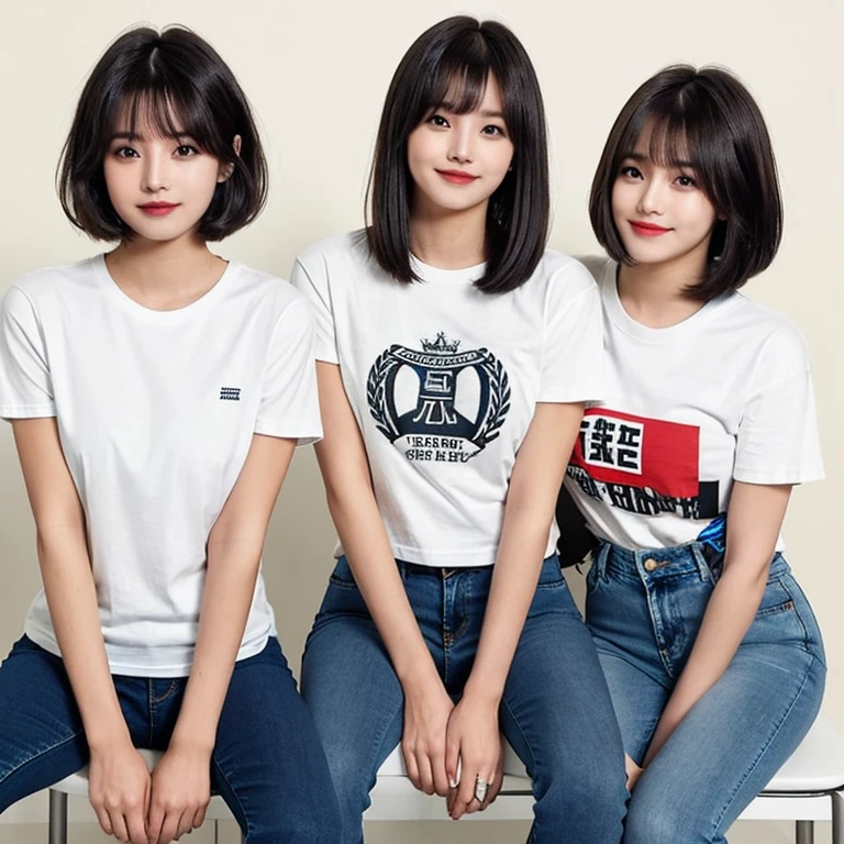 ((masterpiece))、Highest quality、High resolution、8K、A photo of three women together:1.45、They are each wearing different styles of , revealing T-shirts and ..、One of them has a very cute face and long dark brown hair.、The other one is a pretty girl with a short haircut.、And finally, a bob cut haircut with a Japanese idol face.。