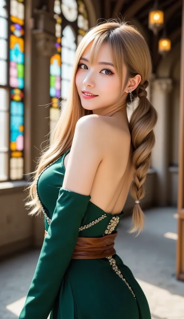 she is cosplaying as a princess、blonde short、smile、green eyes、Braid、