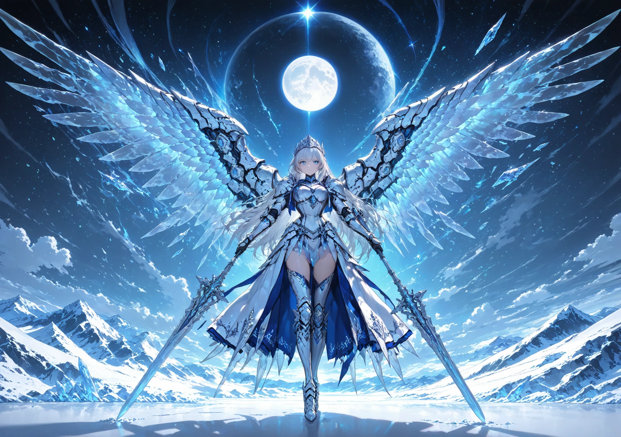 High Quality, masterpiece, 8K quality, Nordic Battle Maiden, Silver White Hair, Blue and silver armor, Feathered Shoulderpads, Icy Eyes, dignified expression, Transparent Wings, Runic Spear, Snowy mountain peaks, full moon, fantastic atmosphere, moonlight, flight pose, starry sky