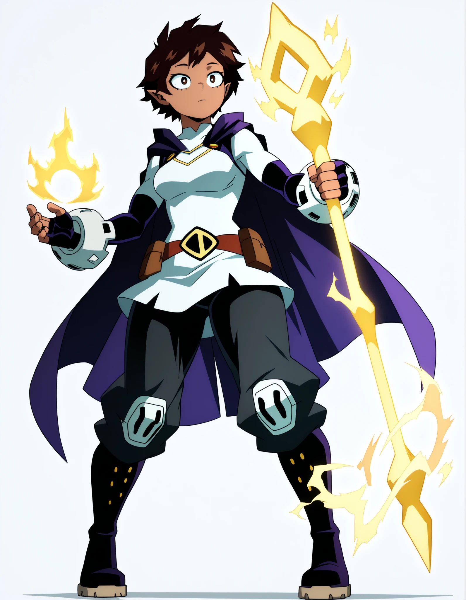 ((Highest Quality)), ((Simple Light Grey Background)), (My Hero Academia Style), standing, 1Girl, female, Breast, thighs, hips, thick shins, solo, Athletic body, (Superheroine), Magical Superheroine, Magical heroine, standing, Superheroine bodysuit, (Tactical Surface fighter), (Full Body), Luz Noceda, flat breast, thighs, hips, light Dark-skinned light dark-skinned female, full body, My hero academia style, hips, thighs, (Brown hair), Brown eyes, pixie cut, short hair, streaked hair tips, very long sidebangs, long sidebangs, Straight hair, Dark Skin, (Pointy ears), My hero academia style, Short closed white tunic, closed white tunic, closed short tunic, Long purple very high-neck cape, long very high-neck cape, purple very high-neck cape, black loose cargo pants tucked in boots, loose cargo pants tucked in boots, black cargo pants tucked in boots, Black leather combat knee boots, black leather combat boots, black knee combat boots, leather Knee combat boots, Black long sleeves, long sleeves, black sleeves, black fingerless gloves, black gloves, fingerless gloves, Brown Long magic staff with owl effigy on the top, Long magic staff with owl effigy on the top, long brown staff with owl effigy on the top, Long staff with owl effigy on the top, Brown leather belt, leather belt, brown belt, (Hidden Mouth), Golden magic effects, magic effects, golden effects, golden magic,