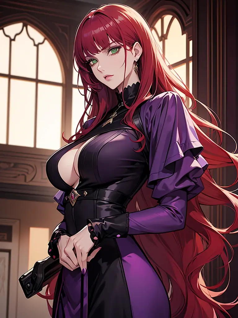 green eyes, red hair with long bangs, noble. sadistic women, wavy long hair. strong woman. purple outfit. she quiet. wear purple and black outfit. background in luxury mansion. dominant woman. mafia. mature woman. girl boss. with black purple dress. wearing green flower and leaf decorations in her hair