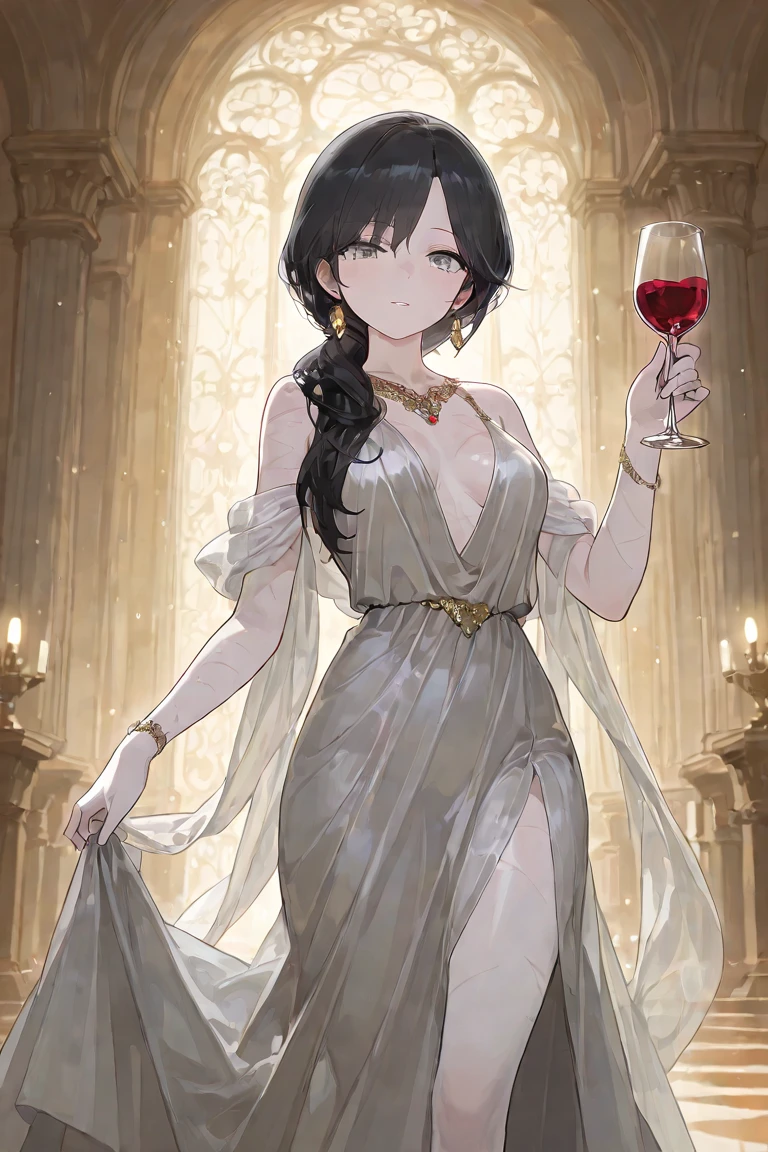 rich beautiful woman, very short and thin silver dress, there is no chain or rope to hold the silver dress, gold earrings, gold cross necklace, 20 years old, tall, short black hair, green eyes, drinking glass in hand, at the prom party, sitting in a comfortable chair, 8K Image Quality