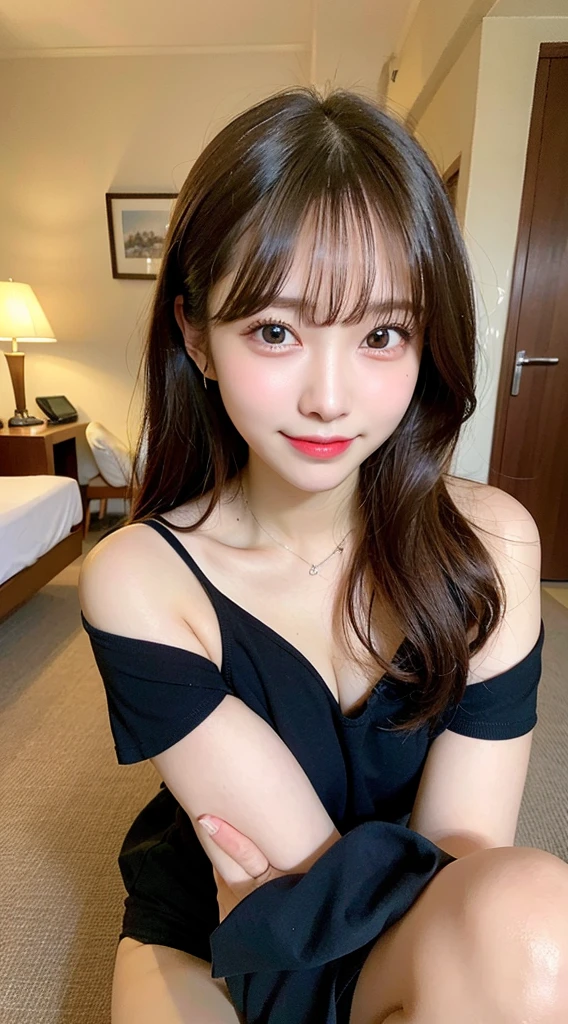muste piece, best quality, illustration, Super detailed, fine details, High resolution, 8K Dende Wallpaper, perfect dynamic composition, beautiful detailed eyes, she is wearing a black one-piece dress,medium hair,natural color lip, shy smile,Harajuku style、20 year old girl、There is only one person, bust up photo、Correct posture、stretch your back、Never show your hands、Stand up straight、cute type、looking at camera、C Cup、golden hair、Don't touch it、Blurry night pool background