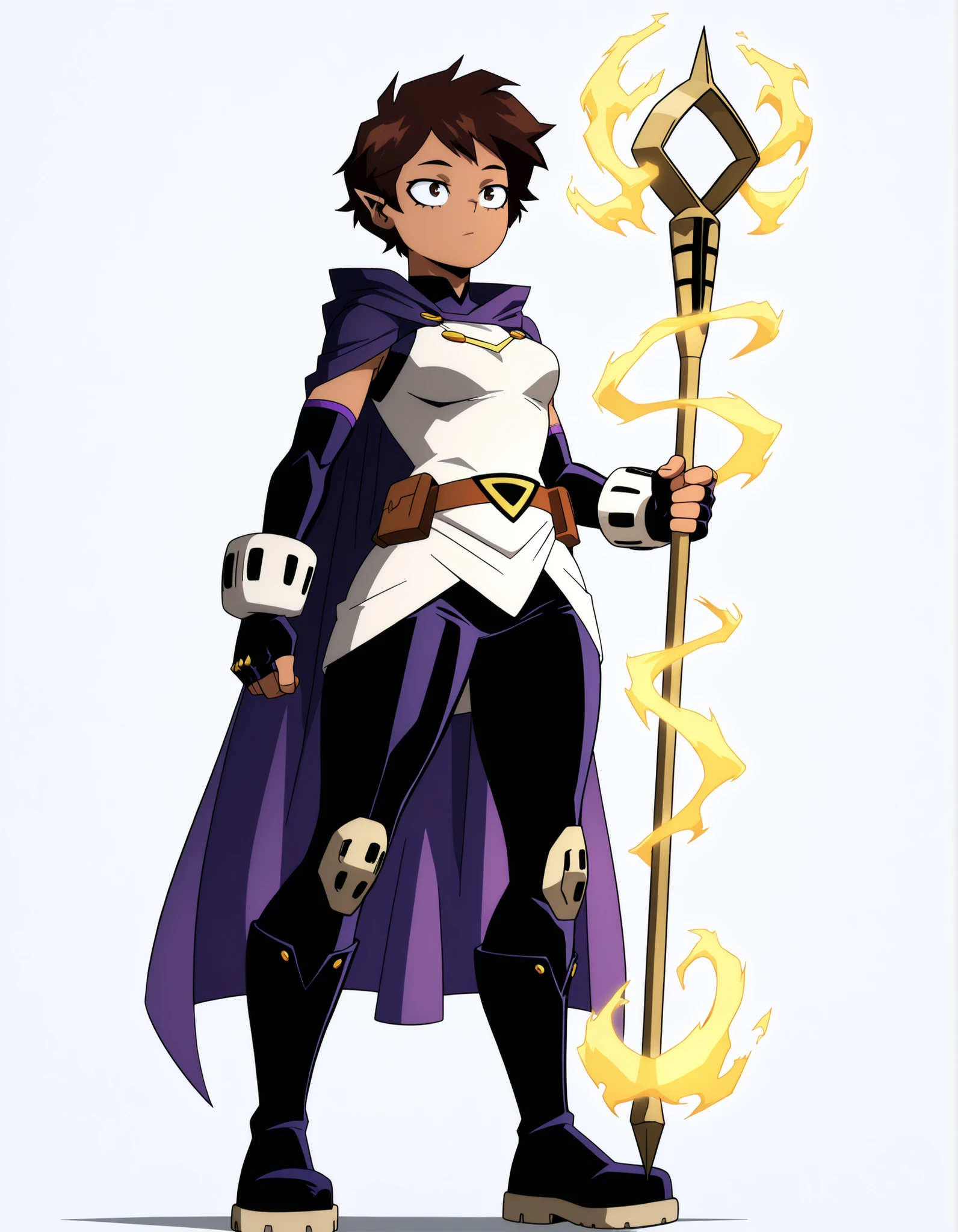 ((Highest Quality)), ((Simple Light Grey Background)), (My Hero Academia Style), standing, 1Girl, female, Breast, thighs, hips, thick shins, solo, Athletic body, (Superheroine), Magical Superheroine, Magical heroine, standing, Superheroine bodysuit, (Tactical Surface fighter), (Full Body), Luz Noceda, flat breast, thighs, hips, light Dark-skinned light dark-skinned female, full body, My hero academia style, hips, thighs, (Brown hair), Brown eyes, pixie cut, short hair, streaked hair tips, very long sidebangs, long sidebangs, Straight hair, Dark Skin, (Pointy ears), My hero academia style, Short closed white tunic, closed white tunic, closed short tunic, Long purple very high-neck cape, long very high-neck cape, purple very high-neck cape, black loose cargo pants tucked in boots, loose cargo pants tucked in boots, black cargo pants tucked in boots, Black leather combat knee boots, black leather combat boots, black knee combat boots, leather Knee combat boots, Black long sleeves, long sleeves, black sleeves, black fingerless gloves, black gloves, fingerless gloves, (very High-neck), high-neck, Brown Long magic staff with owl effigy on the top, Long magic staff with owl effigy on the top, long brown staff with owl effigy on the top, Long staff with owl effigy on the top, Brown leather belt, leather belt, brown belt, ((Hidden Mouth)), Golden magic effects, magic effects, golden effects, golden magic,
