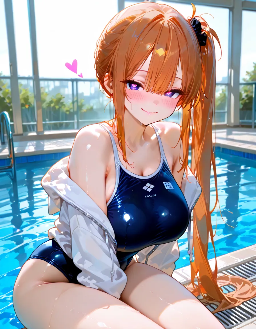 (Tabletop), highest quality, High resolution, 4K, One Girl, alone, blush、Shame face、Nice hands, 1 in, Side Ponytail, Long Hair, Ahoge, Navy school swimsuit、Pool