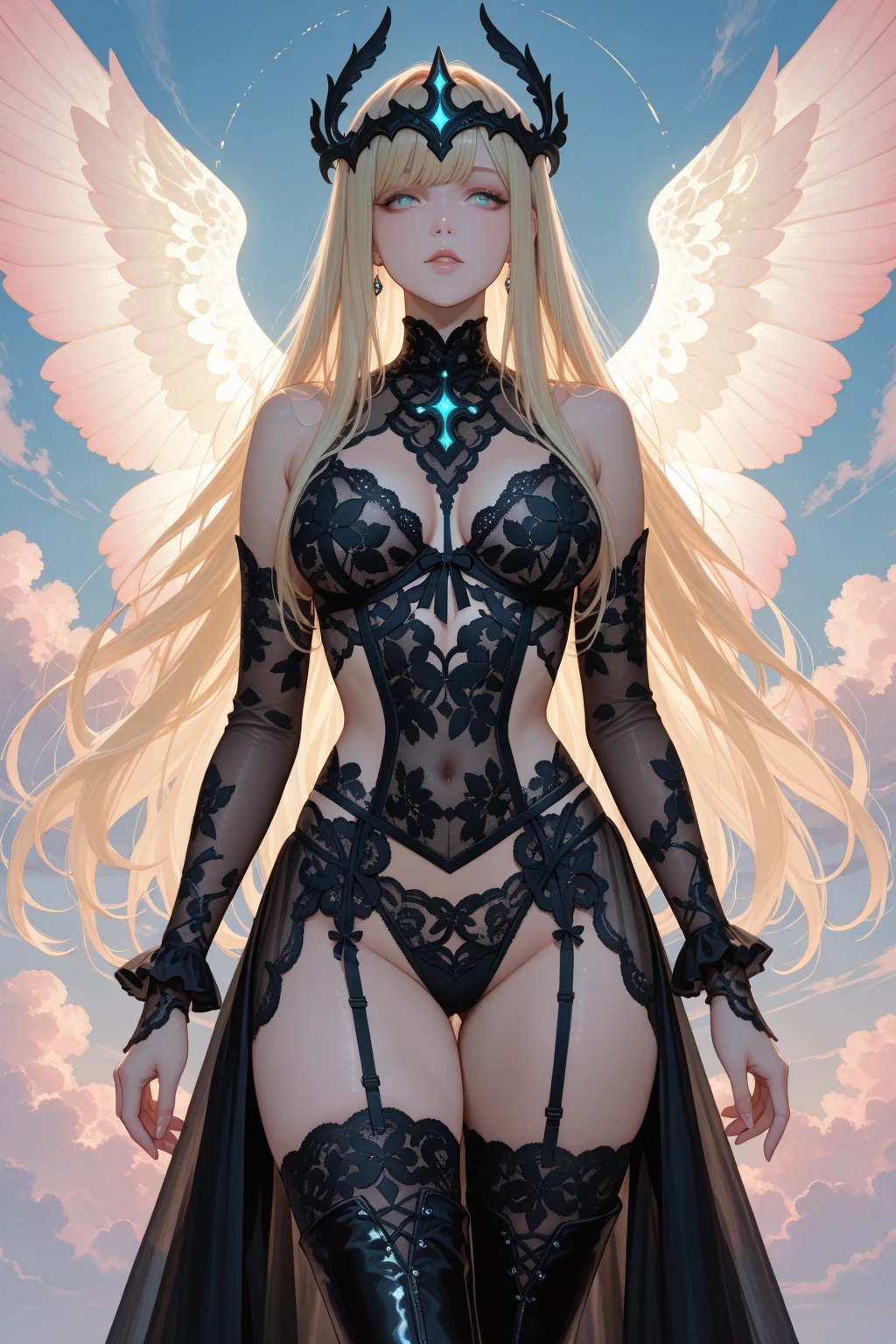(masterpiece, top quality, best quality, official art, beautiful and aesthetic:1.2), (high resolution, absurd resolution, 8k resolution, 4k resolution:1.3), (intricate, complex, retouched image, hdr:1.8), (sharp focus:1.5), (digital painting:0.8), (anime:1.8), color graded, soft lighting, intense shadows, detailed background, (detailed face, angel wings:1.3), (detailed eyes:1.3), long hair, thin waist, sexy legs