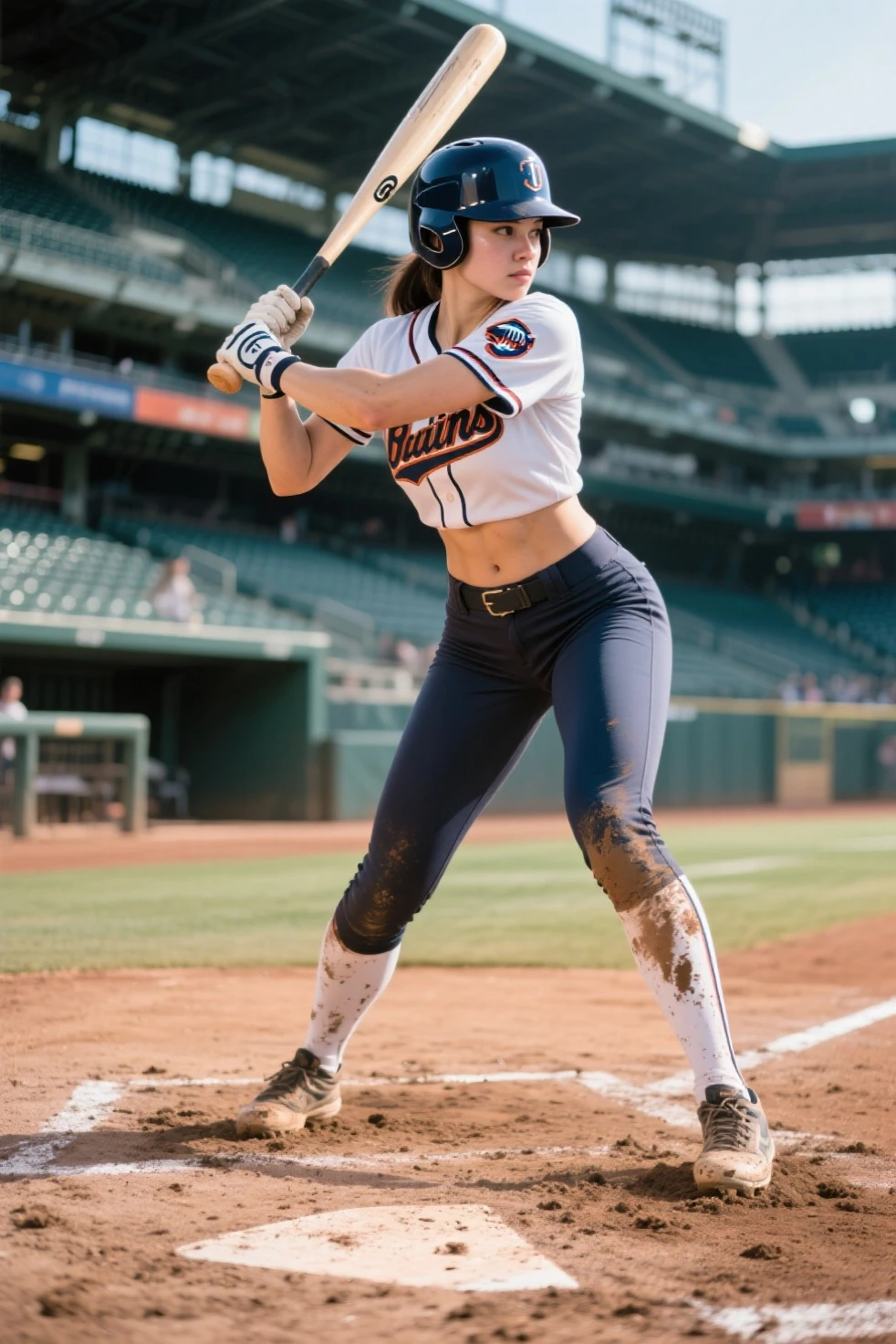 (Muscular:2), (thick thighs:1), (large round :1), (large muscular  and shoulders:1.4), FEMALE, brown hair, long brown hair, (big smile:0), (wearing a tight softball uniform:1.5), looking at viewer, (three quarter view:1.2), upper body view, (softball field:1.5), dark lighting, detailed skin, detailed eyes, (dark skin:1.4), (very thin waist:1.3), (huge round muscles:1.5),