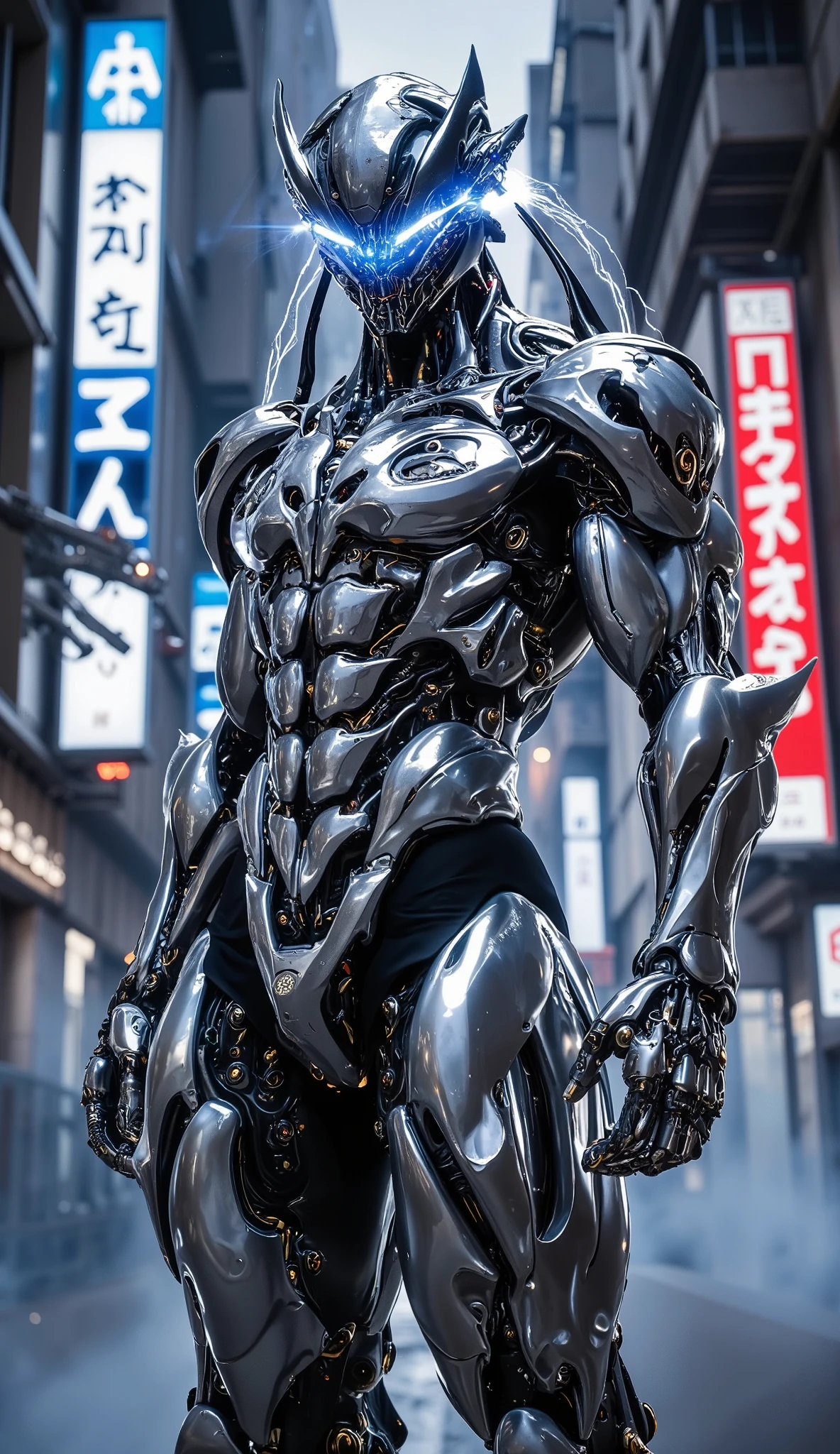 (Full body of an elegant and futuristic cyber warrior:1.5), (Masculino, Symmetrical features, refined beauty and intense presence:1.4), (8k, UHD,   extreme hyperrealism  , cinematographic lighting with bluish backlight:1.5), (chrome biomechanical costume with fluid plates and shiny alien symbols:1.5), (exoskeleton with realistic textures, metallic scratches and exposed circuits:1.4), (Serious and deep look, Firm and powerful posture, head slightly tilted forward:1.3), (reflections of the city Futuristic neon signs visible on armor and visor Of the helmet:1.5), (double exposure with a silhouette of the city embedded in the outline of the body:1.3), (dystopian urban environment with fog, smoke and neon panels in Japanese:1.4), (placas de LED, cabos energizados, brutalist architecture in the background:1.3), (subtle movement of the costume, light pulsing under the chrome plates:1.2), (realistic background with depth and soft shadows:1.4) NFSW