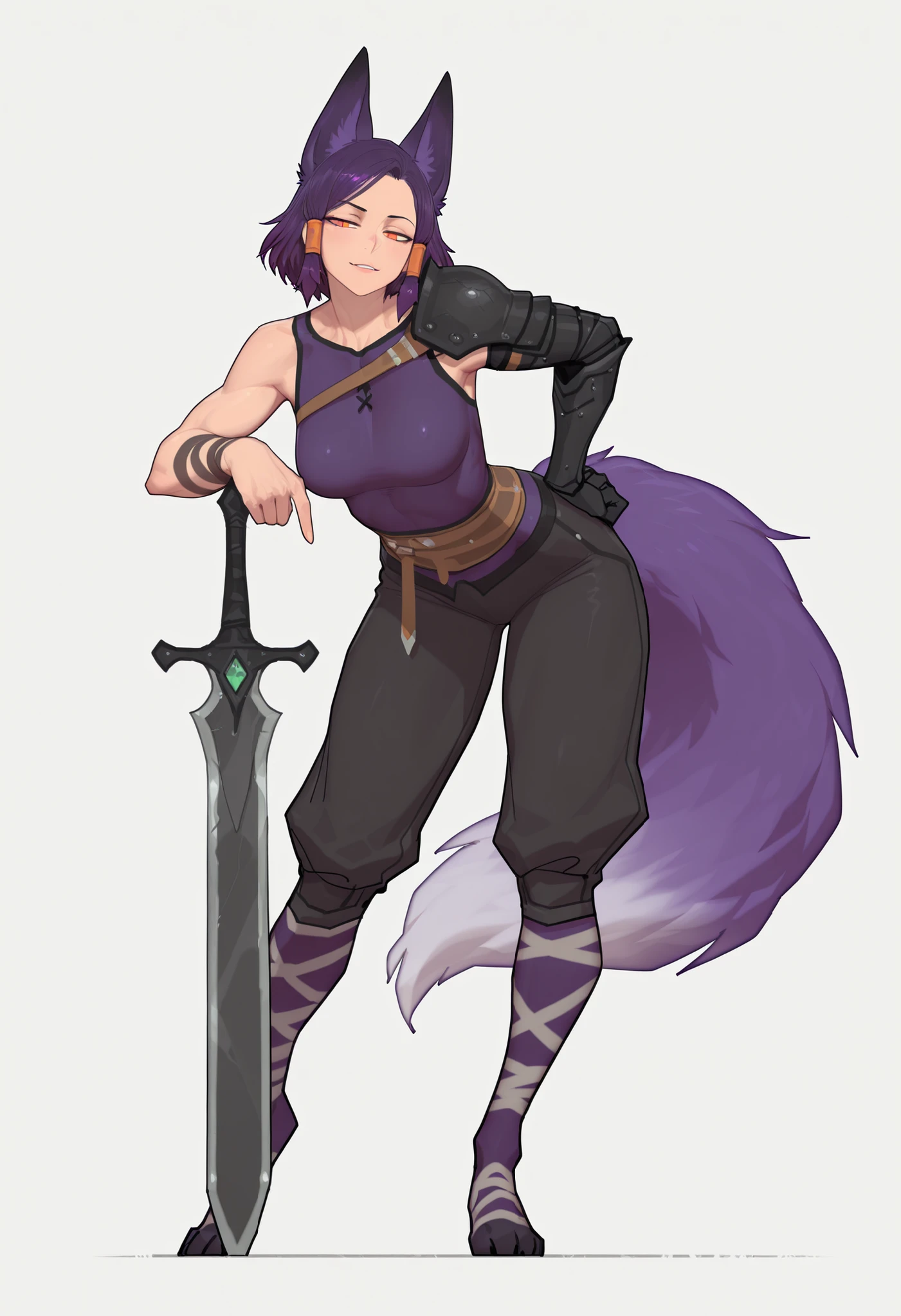 gorgeous kitsune girl, beautiful face, kitsune, gradient purple hair, dnd, beautiful woman, orange eyes, slit pupils, volputrous body, toned woman, curvy and athletic, fox ears, short hair, black buggy pants, single pauldron, single vambrace, single gauntlet, black hands, fox tail, attractive proportions, defined athletic arms and legs, athletic lanky body, fox ears, calm dominant expression, hair tubes, half-closed eyes, medium breasts, huntress, masterpiece, ultra definition, simple white background, stands upright on two legs, slightly leaning forward, with one foot slightly ahead of the other, left arm is bent at the elbow, with the hand resting on the hip, while the right arm is extended outward  and holding a large sword. The sword is angled diagonally, with the blade pointing downward and slightly behind the character