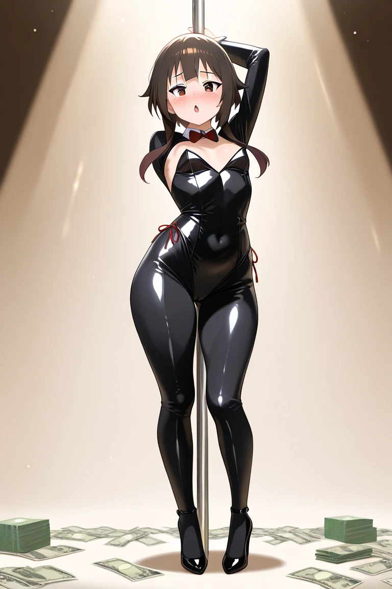 1girl, short hair, android, brown hair, flat chest, leotard, thigh highs, round eyes, red eyes, sci fi, doll joints, messy hair, flustered, shocked, cross-eyed, small pupils, standing, twitching, malfunction