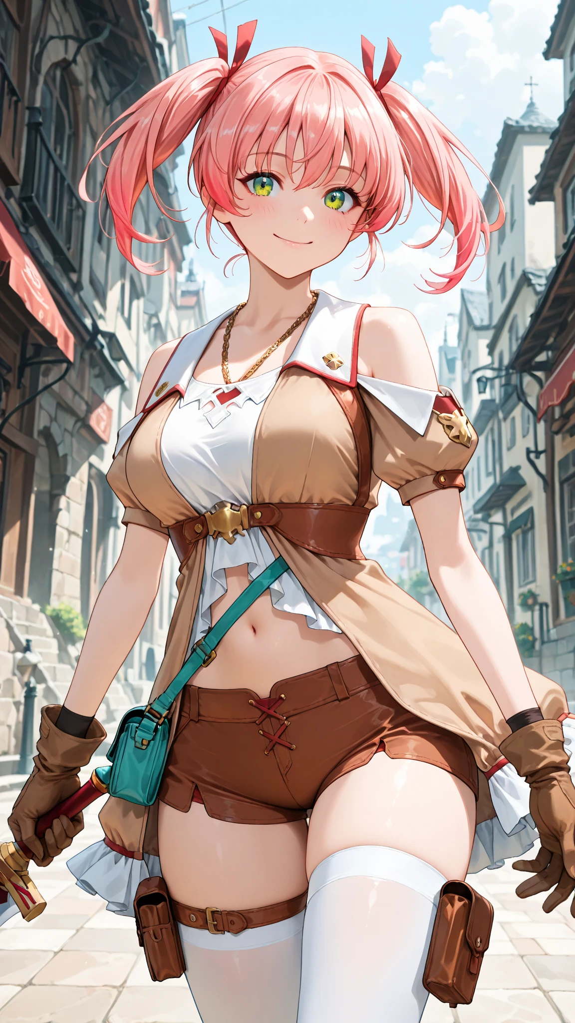 masterpiece, best quality, highres,
NeoDef, 1girl, solo, breasts, brown hair, brown eyes, heterochromia, hair between eyes, pink hair, multicolored hair, pink eyes, short hair, bangs, shiny hair, two-tone hair, split-color hair,
hat, bowler hat, gloves, long sleeves, navel, cleavage, bare shoulders, medium breasts, closed mouth, collarbone, detached sleeves, midriff, shiny, tight, belt, pants, white gloves, stomach, buckle, belt buckle, white pants, black sleeves, white belt,
sitting, spread legs, cameltoe, cowboy shot, looking at viewer, waving, waving arms, outdoors, forest, field, sky, blue sky, sunlight, flower field, <lora:LoRA_Neopolitan:1>