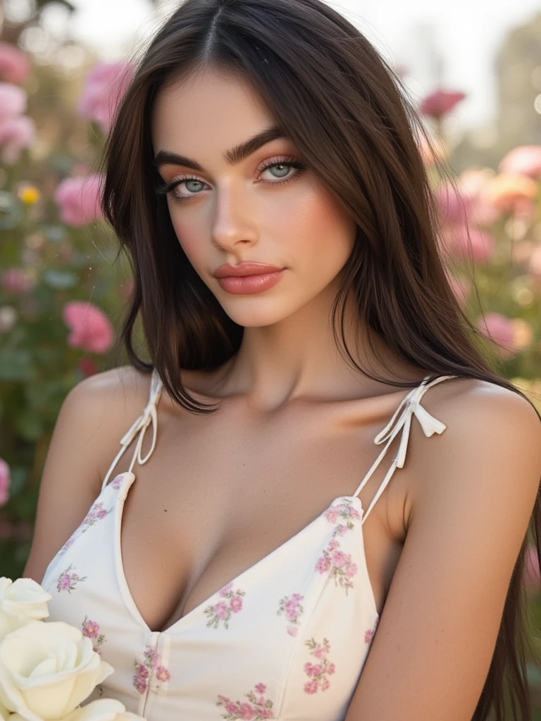 a beautiful girl in a garden, (best quality,4k,8k,highres,masterpiece:1.2),ultra-detailed,(realistic,photorealistic,photo-realistic:1.37),detailed eyes and face,extremely detailed facial features,beautiful detailed eyes,beautiful detailed lips,longeyelashes,intricate floral dress,soft lighting,magical realism,dreamlike,pastel colors,warm color tones