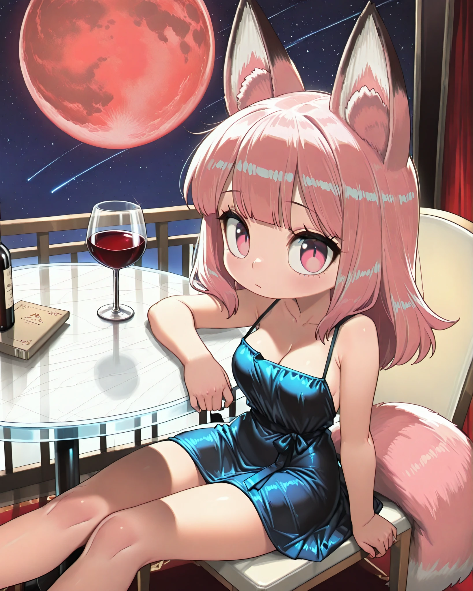 front angle, POV, (masterpiece, 4k, detailed image, vivid colors), {1woman}: (a beautiful and attractive woman, with a sensual body, long pink hair, pink fox ears and tail, expressive pink eyes, wearing a short blue party dress with a low neckline, sitting on a white chair made of crystal with a transparent top table in front of her, her legs can be seen crossed under the table, leaning back carefree with one arm resting on the back of the chair and the other extended forward offering a glass of red wine), a beautiful and beautiful balcony in the background, with a starry night sky and a beautiful red moon and many stars and a shooting star in the background, perfect lighting creating realistic shadows