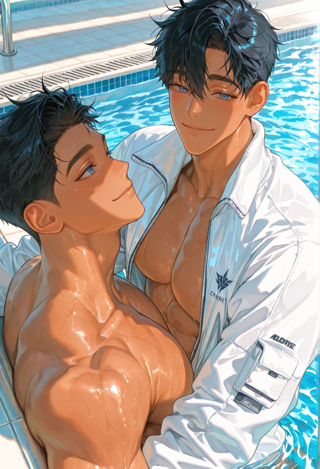 Two boys swimming together，swimmingpool，Raised sexy