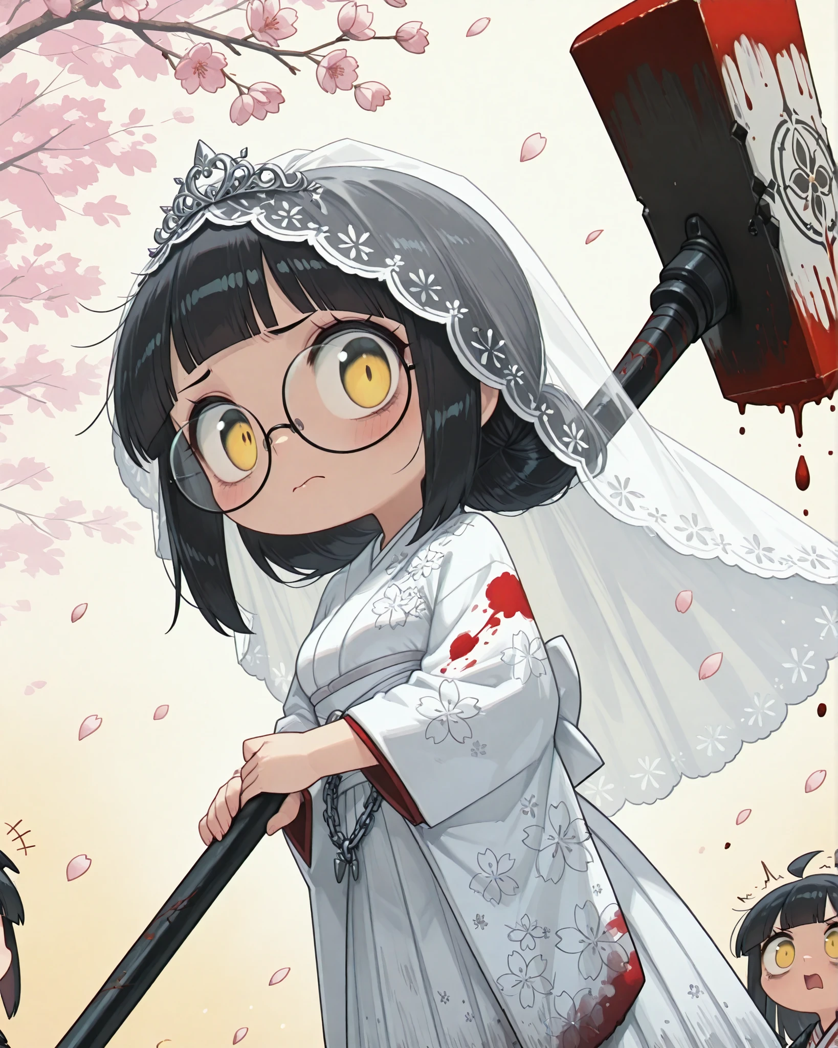 side angle, (masterpiece, detailed image, 4k, vivid colors), {chibi}:(a delicate young woman with short black hair and piercing yellow eyes, wearing round glasses, she wears a distorted white shiromuku wedding kimono, partially torn and stained with red paint on the sleeves and hem, as if trying to be removed, but still clinging to her, her long veil is tattered, burnt at the edges and fluttering behind her like ragged wings, her waist is wrapped in loose silver chains, symbolizing broken traditions, cherry blossom petals, some wilted, cling to her sleeves and the folds of her skirt, in her hands, she holds a massive ceremonial war hammer, her expression is calm, but hides a deep anger), neutral background, no background