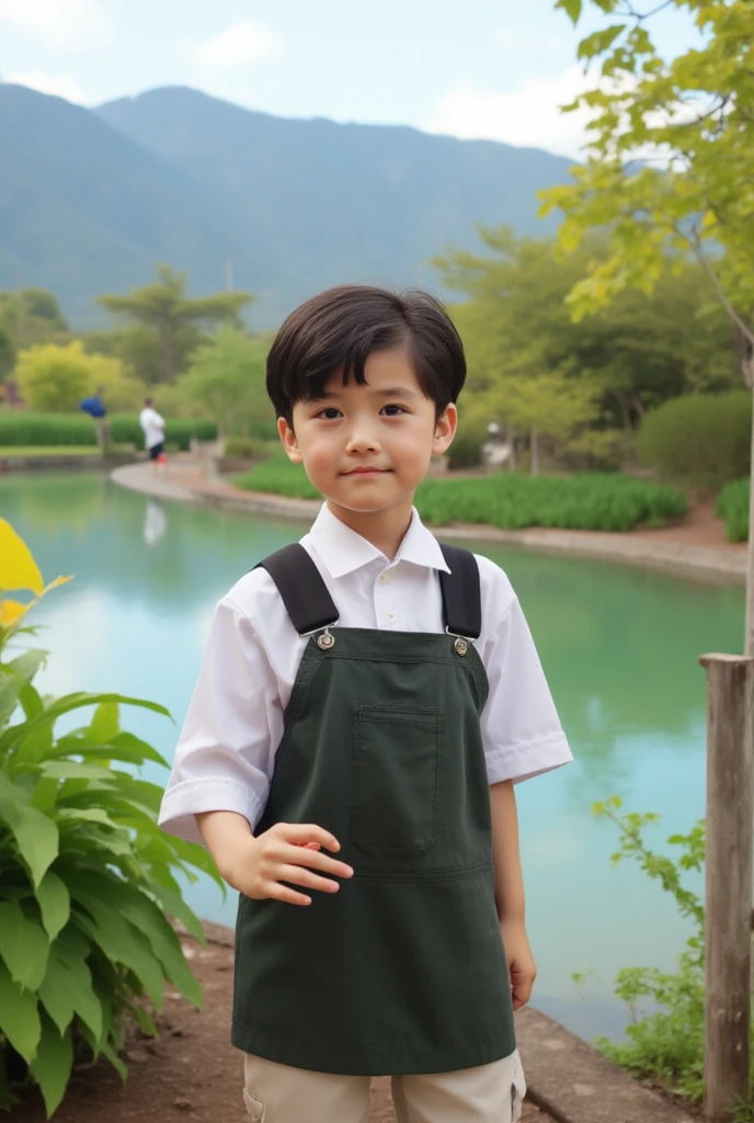 One and a boy, a very beautiful place, a garden with a tree behind, windy