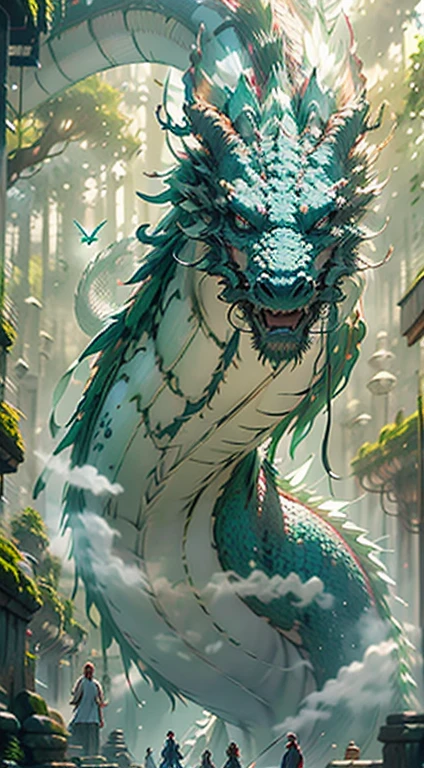 Chinese dragon with green scales, dark brown hair with gray strings, a long beard