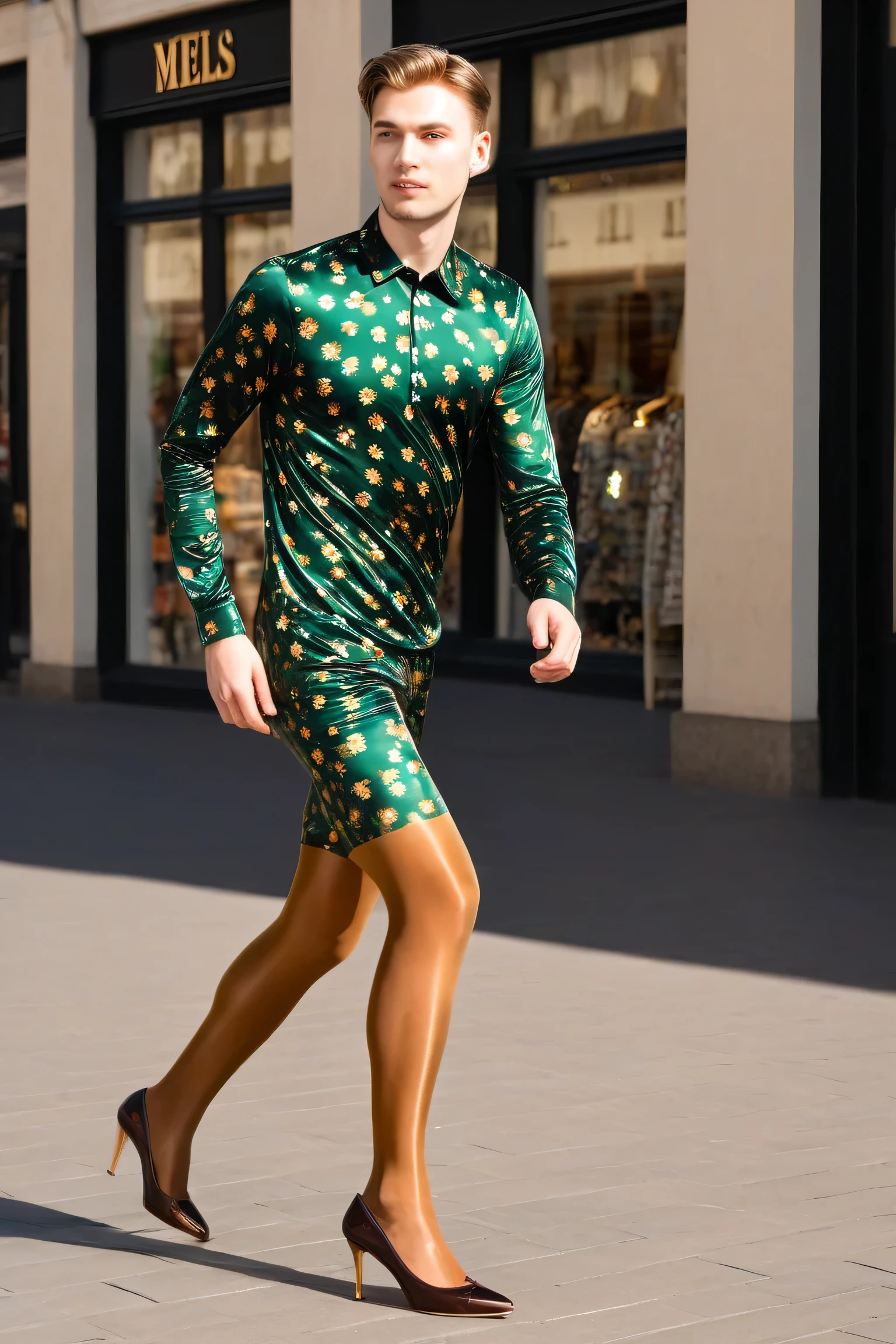 a young Caucasian male guy with a male face, wears a floral dark green midi dress, medium brown amber shiny 40den pantyhose, Gold-tone open high hels pumps, the male face guy runs in his pantyhose in a shopping mile in sunshine.
