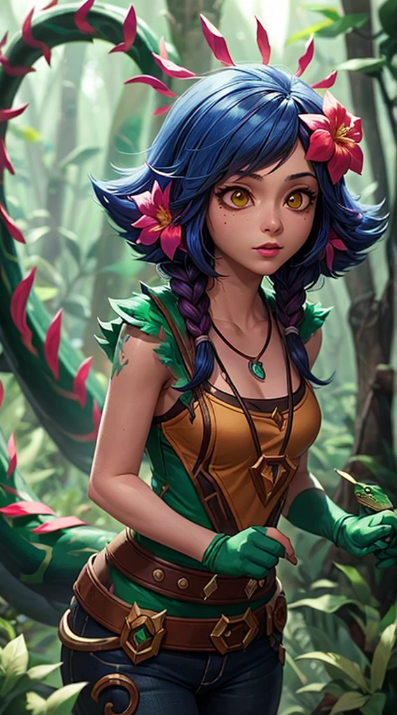 Jinx from League of Legends LEAGUE OF LEGENDS, FAERIE COURT. Reimagined as a crazy mischievous FAIRY (CONCEPT). She has translucent black-wings. Her iconic blue hair is styled as brands, adorned with tiny, glowing black flowers. Her outfit is a blend of her usual punk-inspired attire and dark-fairy elements—think tattered, gossamer fabric, metallic accents, and nature-inspired jewelry. She's surrounded by a dark enchanted forest. She has a very thin fairy crown, her eyes are different colors and she smiles evilly.