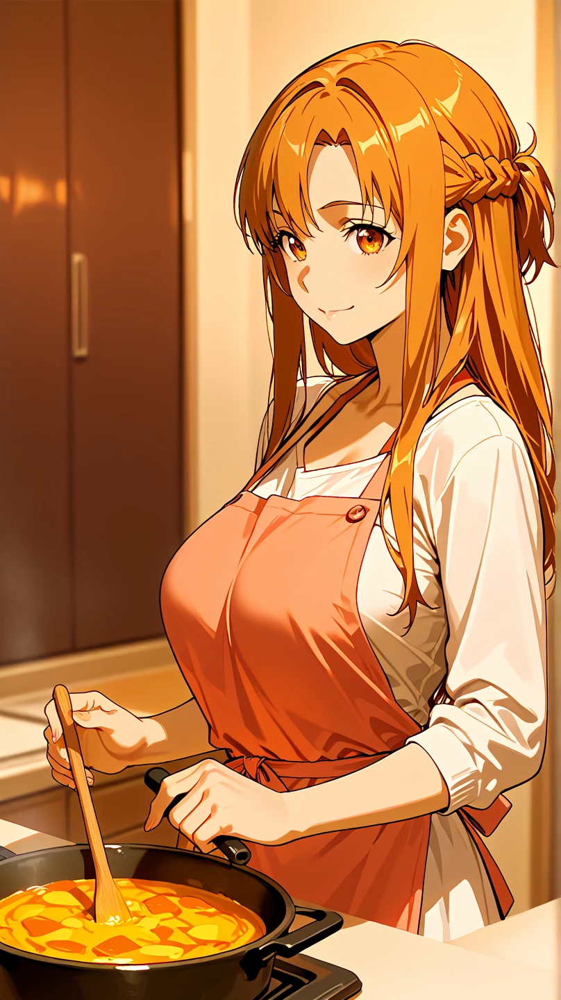 Huge , Busty, best quality, (masterpiece:1.2), highly detailed, brown t-shirt, apron,
1girl, kotegawa nanaka, looking at viewer, light smile, open mouth, brown eyes, long hair, indoor, room, bedroom, close up face