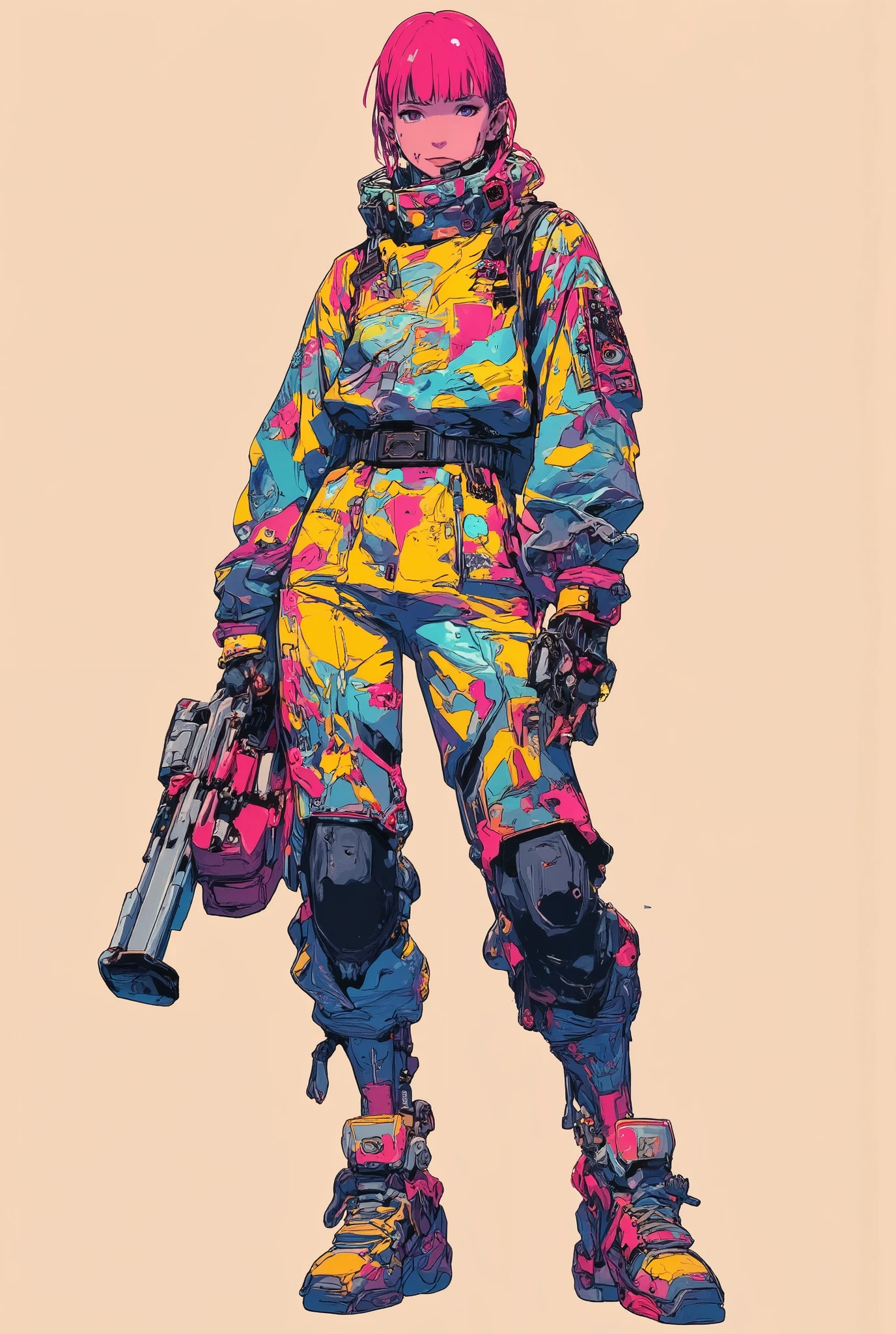cyberpunk,(masterpeace), high quality, great quality, highres,(Line Art: 1.5),simple background, european-comic style Illustration,
BREAK
(1 girl), A girl wearing vivid-colored camouflage military fatigues, standing, holding a big hammer, high detail suit, hand globe,
BREAK
(beautiful face), (realistic face: 1.2), Ultra detailed face, short hair, red hair, braid hair, blunt bangs, (slim body: 1.3), blue eyes,
BREAK
anatomically correct, biologically accurate, normal number of fingers, natural limbs, well-proportioned body, best quality, 8k, HD