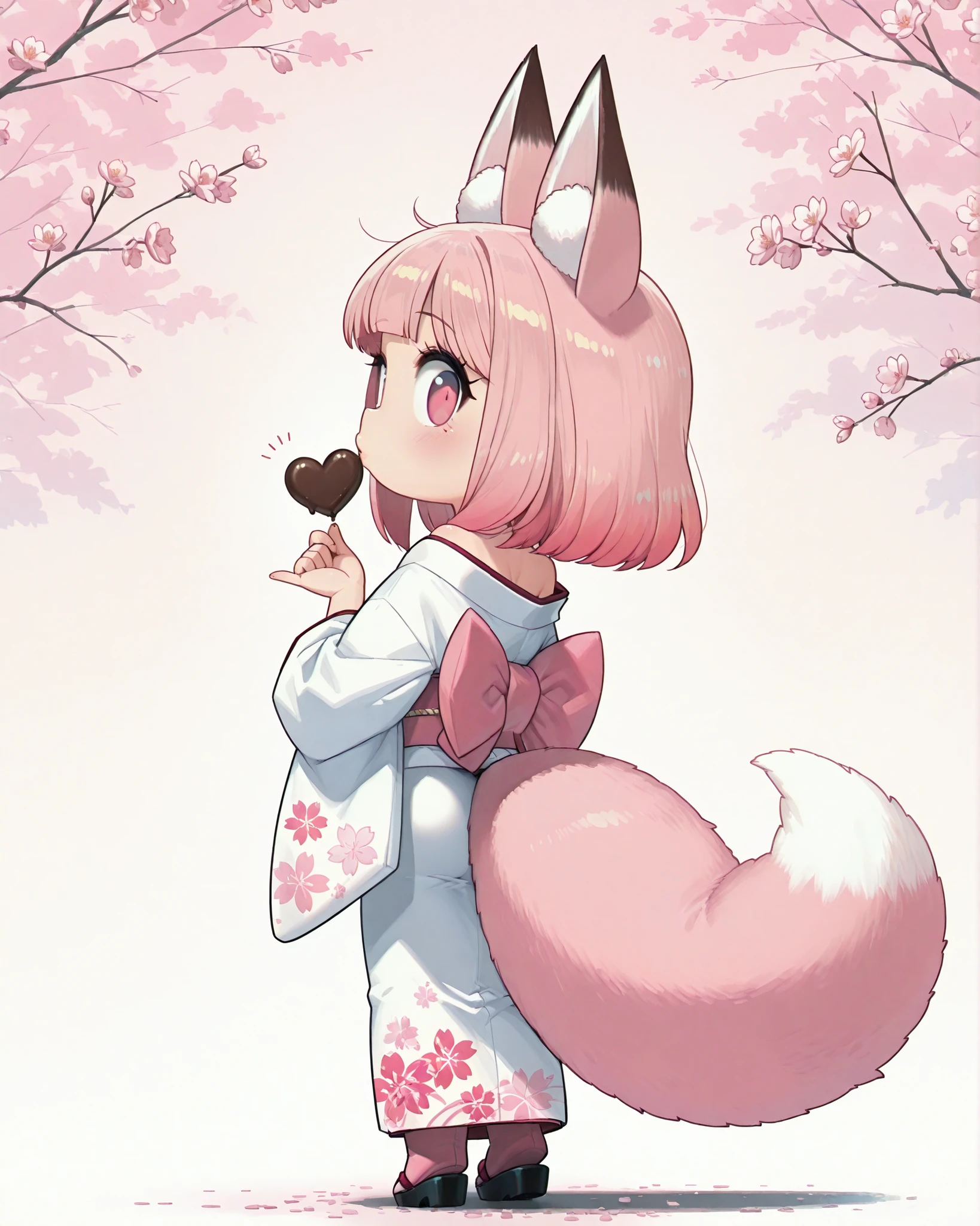 side angle, full body, character in the right corner of the image with the body turned to the left of the image, (masterpiece, vivid colors, 4k), {chibi}:(a beautiful and attractive woman with long pink hair, pink fox ears, expressive pink eyes and a huge fluffy pink tail, she wears a white kimono with cherry blossom details, Her expression is mischievous, she is lying on her back with the kimono coming down a little showing her shoulder while looking back and sending a chocolate heart-shaped kiss with her hand), neutral background, no background