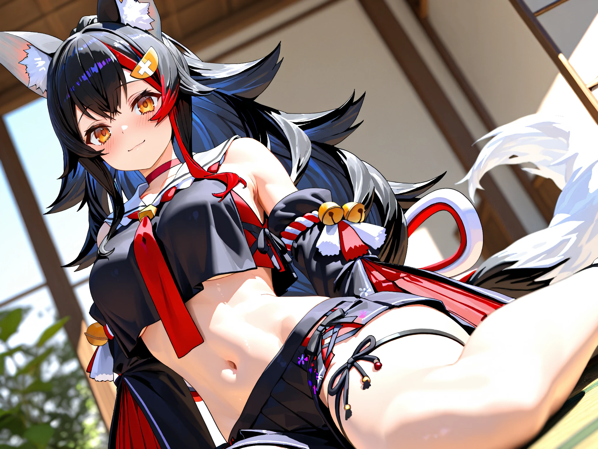 (muste piece), (best quality), (score_9, score_8_up, score_7_up), very detailed eyes, expressive eyes, perfect face, very detailed face, highly detailed face, beautiful girl, 8K, beautiful girl, white background, delicate and beautiful face and eyes, dark intense shadow,
1 girl, vtuber style, cool girl, hololive, kurokami, black hair, streaked hair, red eyes, thigh strap, single thighhigh, ahoge, piercing, fox tail, single side braid, ahoge, piercing, fox tail, low-tied long hair, hololive summer 2023 swimsuit, bare shoulders, layered bikini, black bikini, striped bikini, bikini shorts, Unbuttoned shorts, small chest, soft chest, cropped shoulders, clavicle, cameltoe, Navel-baring abs, wet body, wet hair, one eye close winking, smile, body visible through clothes, chest visible through clothes, ass visible through thighs, (full body), sitting, open legs wide, from below, pov crotch,