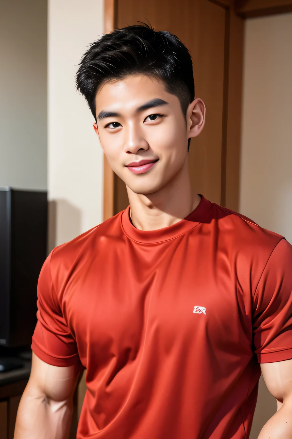 Korean man, Inspiration from Peng Yuyan, 23 years old, Korean muscular man ,Bedroom in a luxury hotel, behind a red T-shirt., open mouth smile