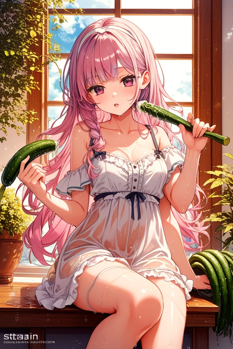 Chewing cucumbers in your mouth、red blush、girl with、kawaii、White lace underwear、Eyes closed